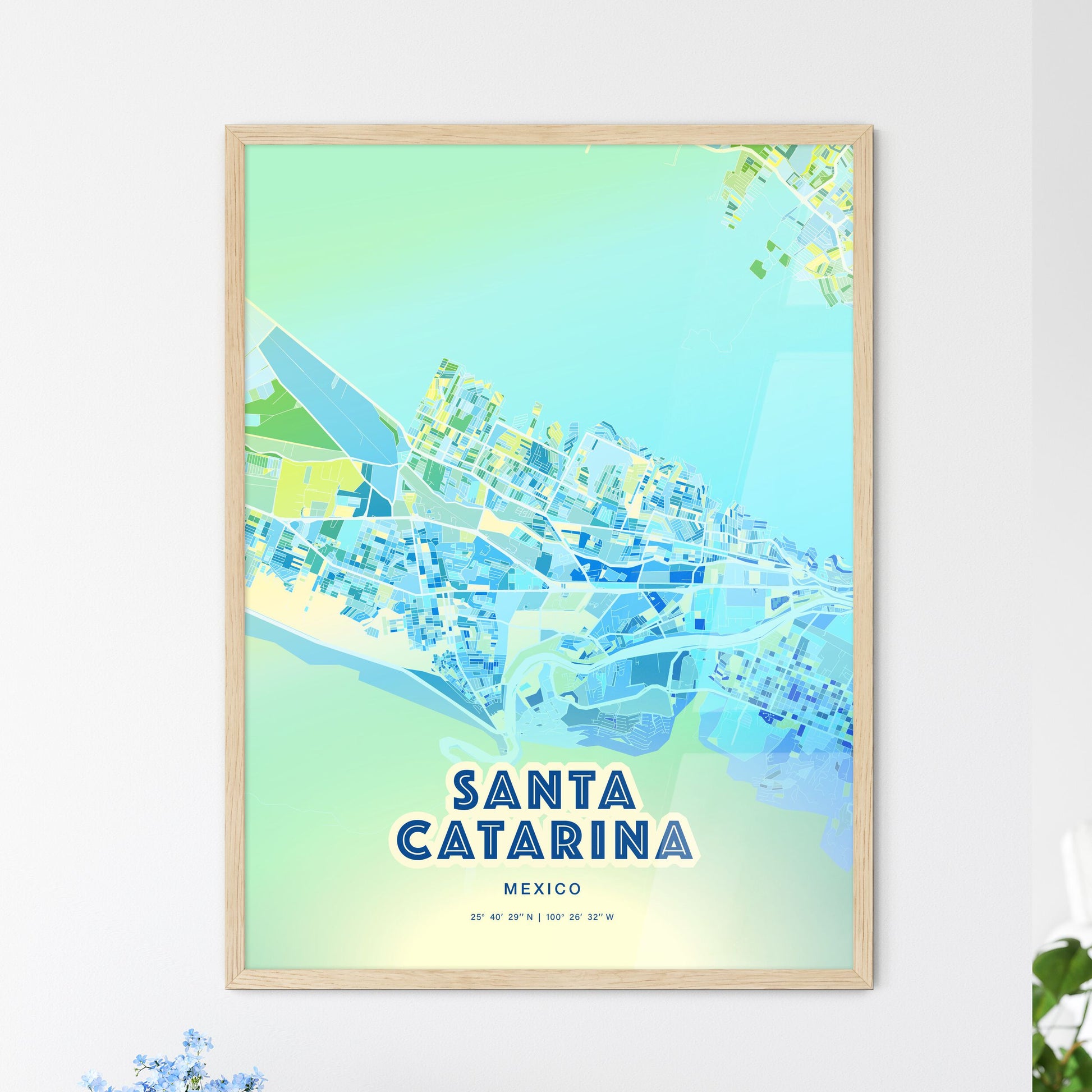 Colorful SANTA CATARINA MEXICO Fine Art Map Cool Blue