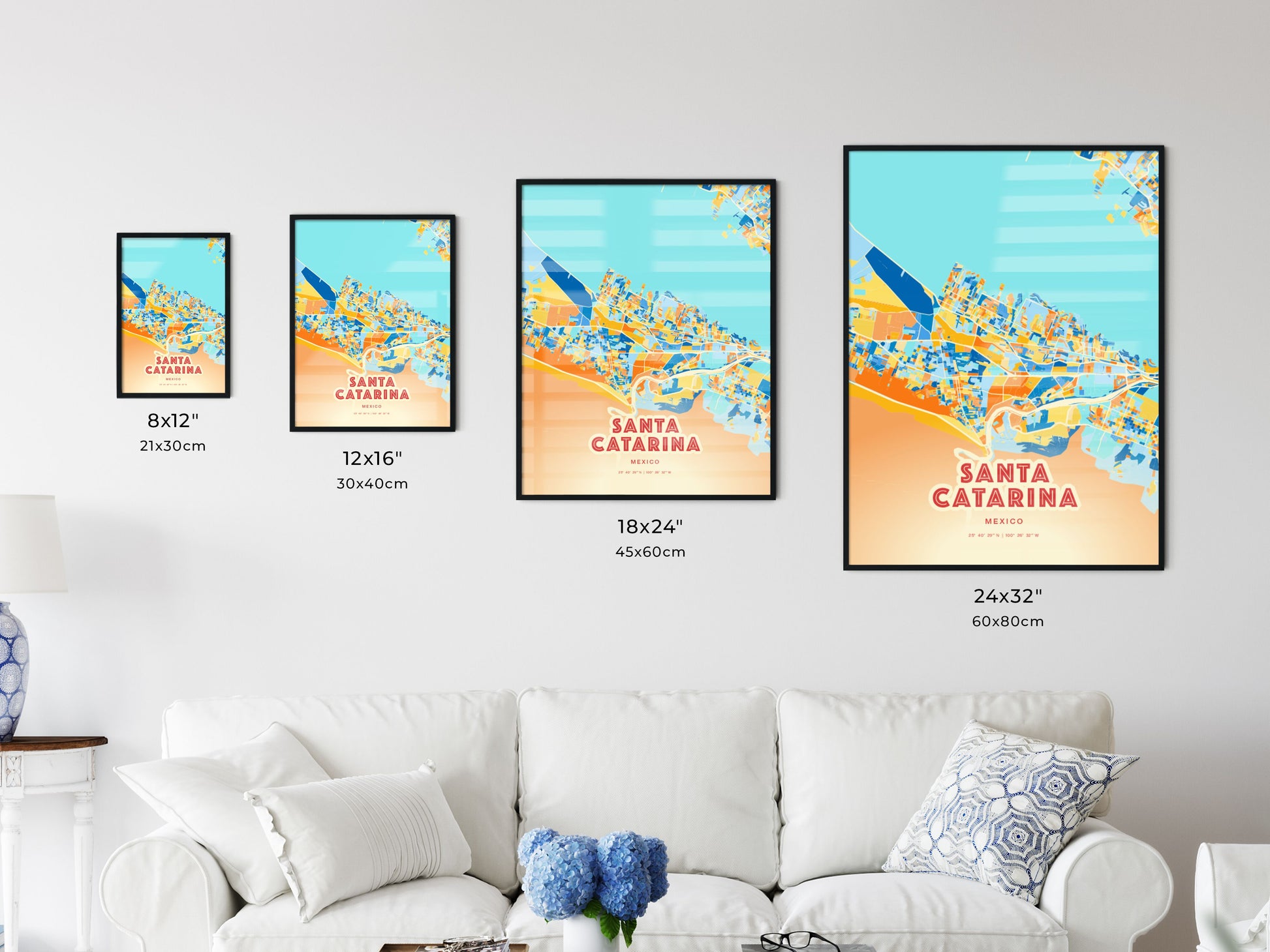 Colorful SANTA CATARINA MEXICO Fine Art Map Blue Orange