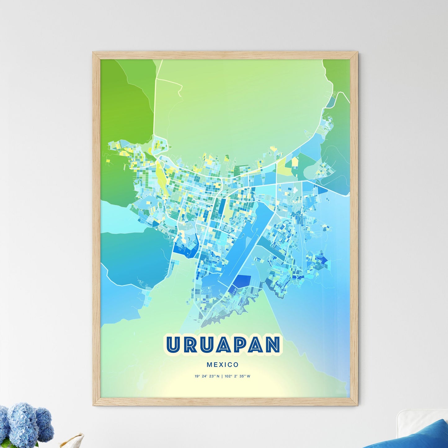 Colorful URUAPAN MEXICO Fine Art Map Cool Blue