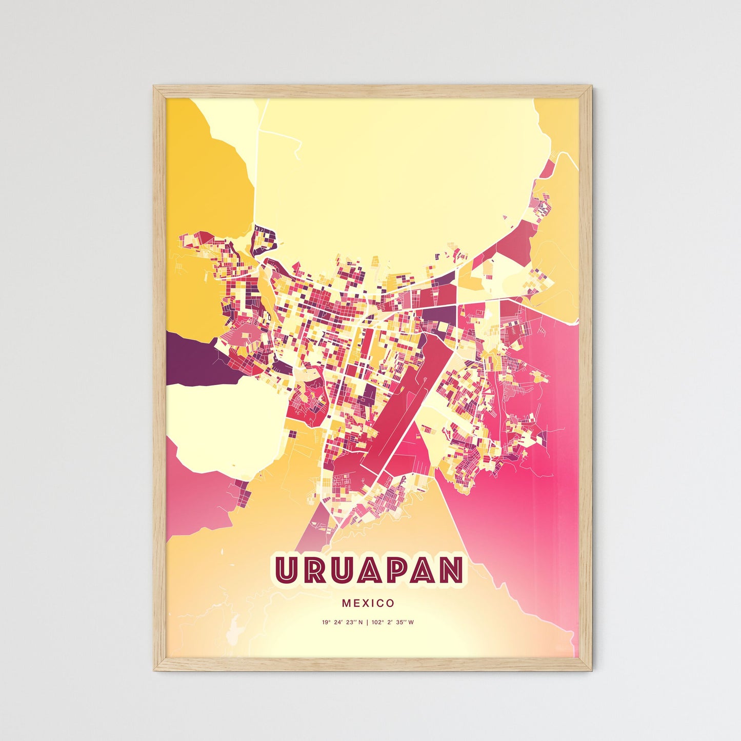 Colorful URUAPAN MEXICO Fine Art Map Hot Red