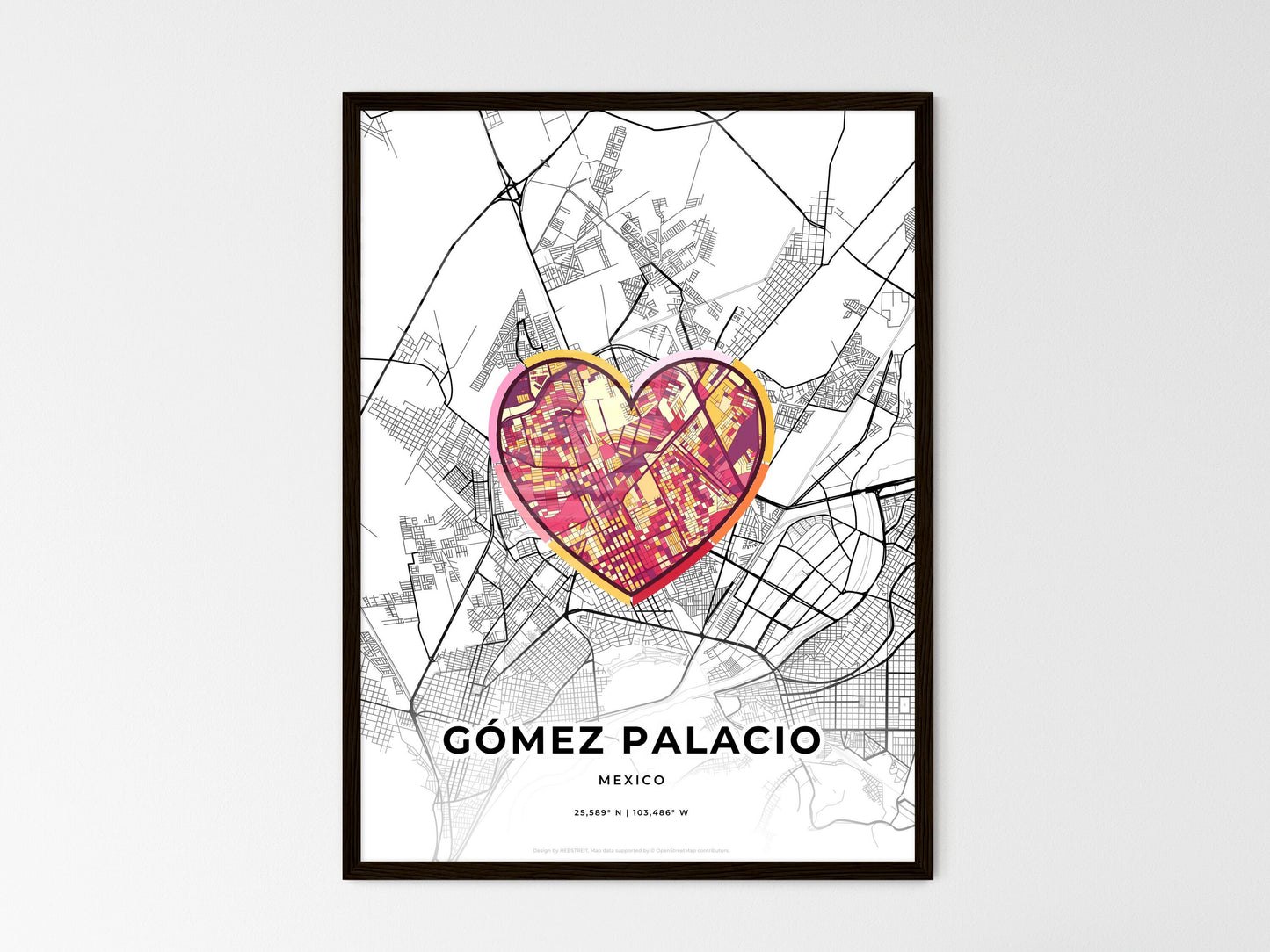 Gómez Palacio Mexico wedding art map with heart icon