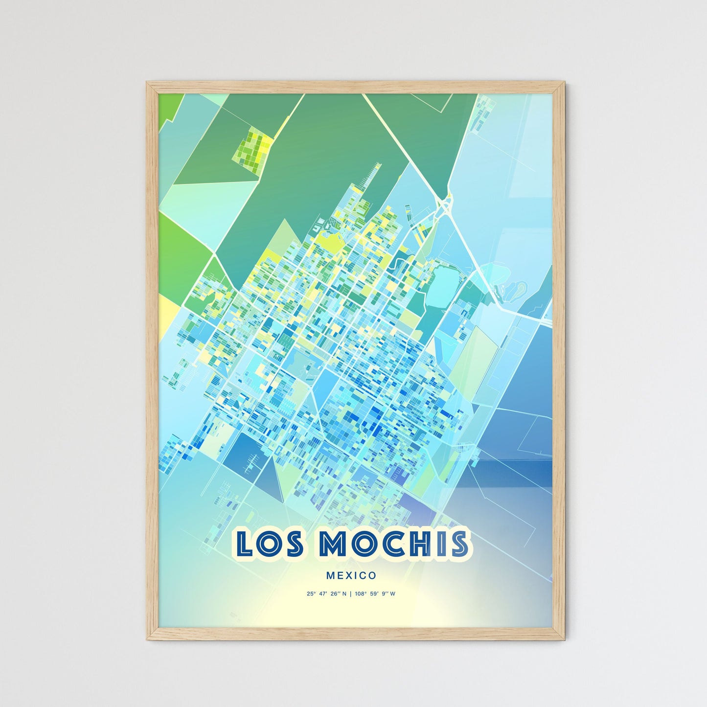 Colorful LOS MOCHIS MEXICO Fine Art Map Cool Blue