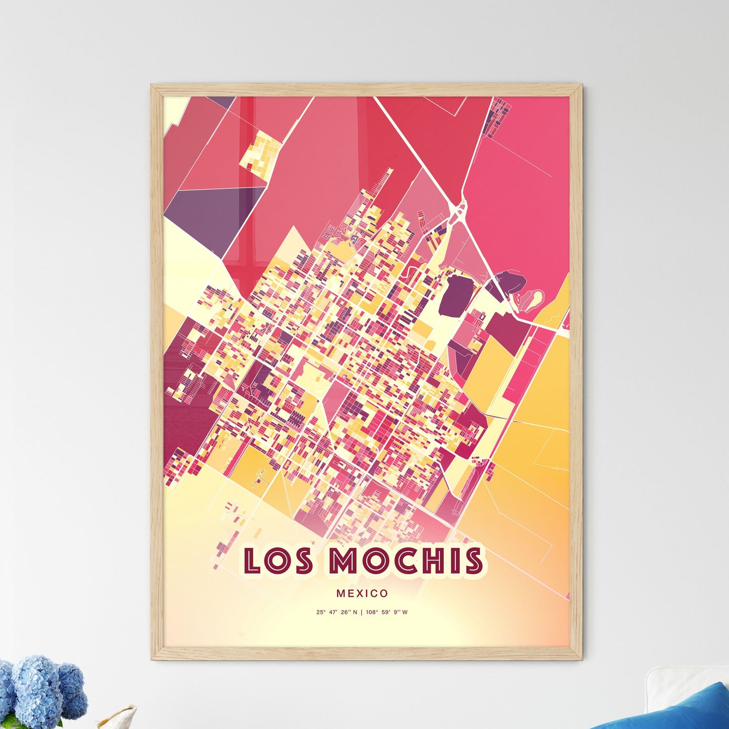 Colorful LOS MOCHIS MEXICO Fine Art Map Hot Red