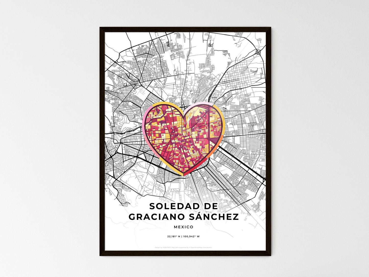 Soledad De Graciano Sánchez Mexico wedding art map with heart icon