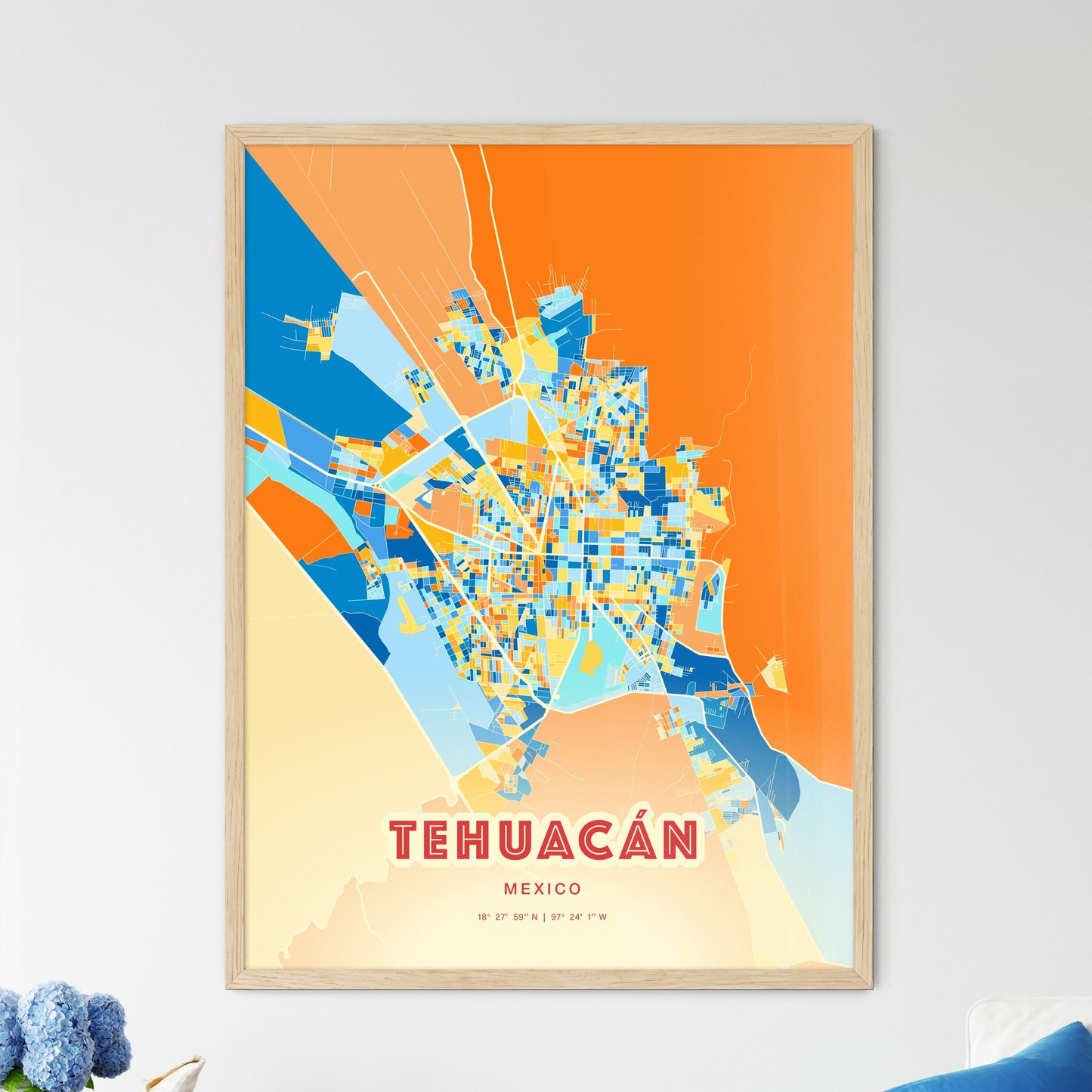 Colorful TEHUACÁN MEXICO Fine Art Map Blue Orange