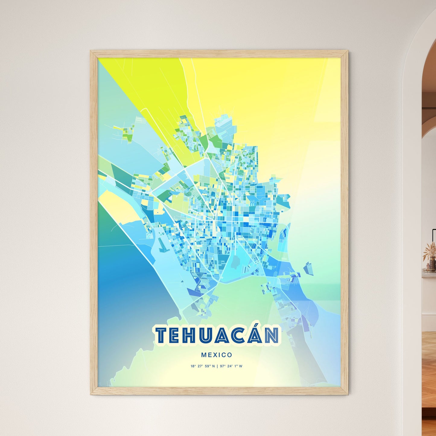 Colorful TEHUACÁN MEXICO Fine Art Map Cool Blue