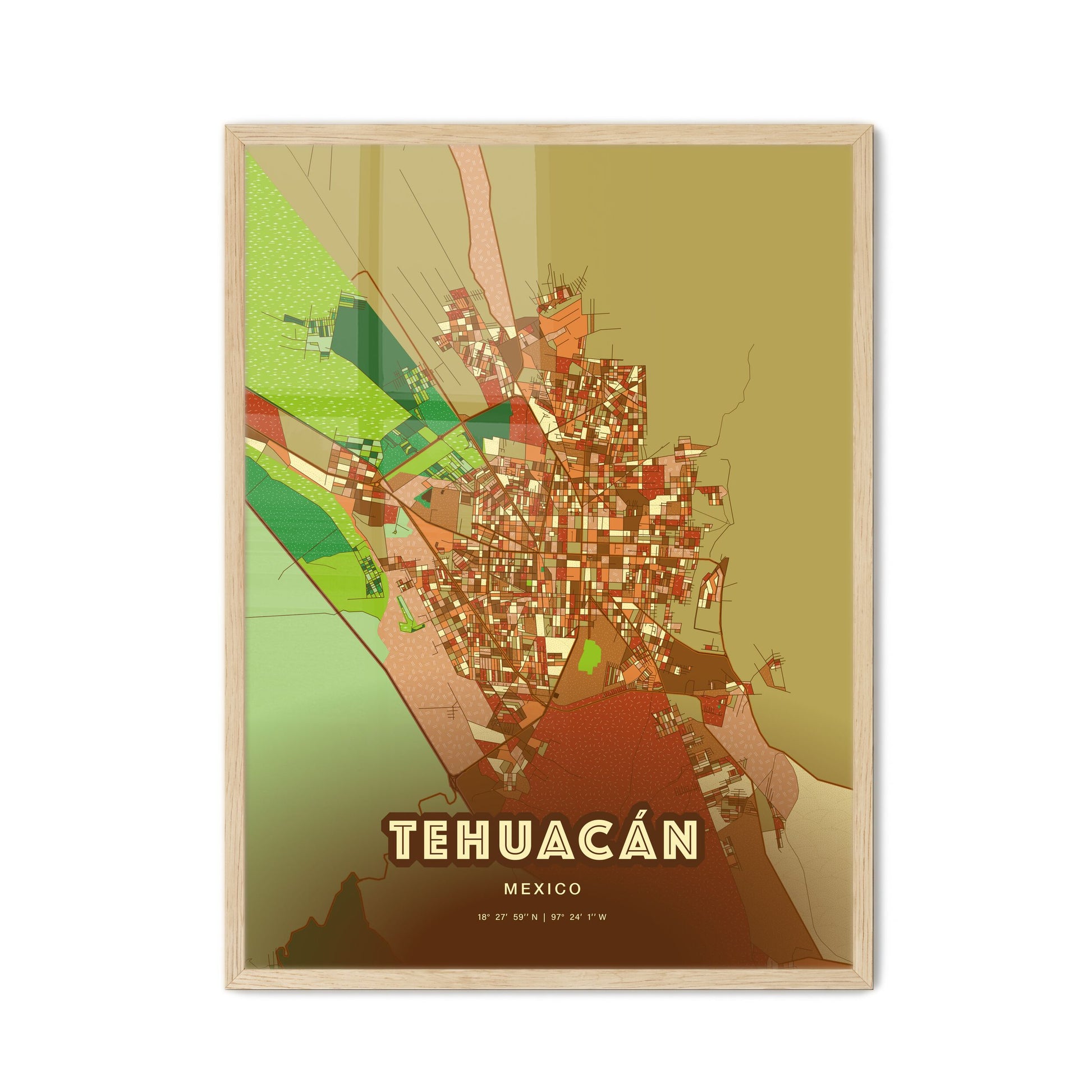 Colorful TEHUACÁN MEXICO Fine Art Map Farmhouse