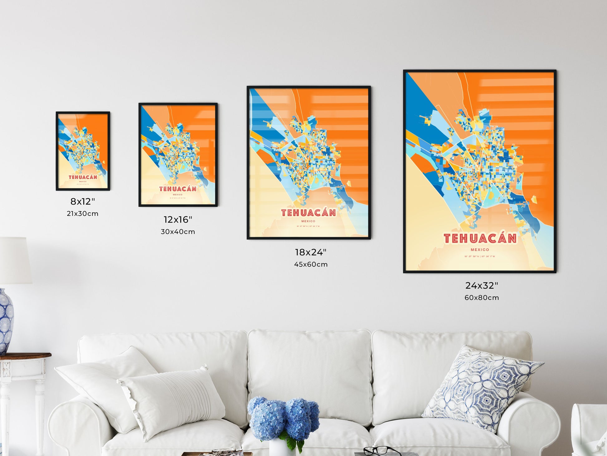 Colorful TEHUACÁN MEXICO Fine Art Map Blue Orange