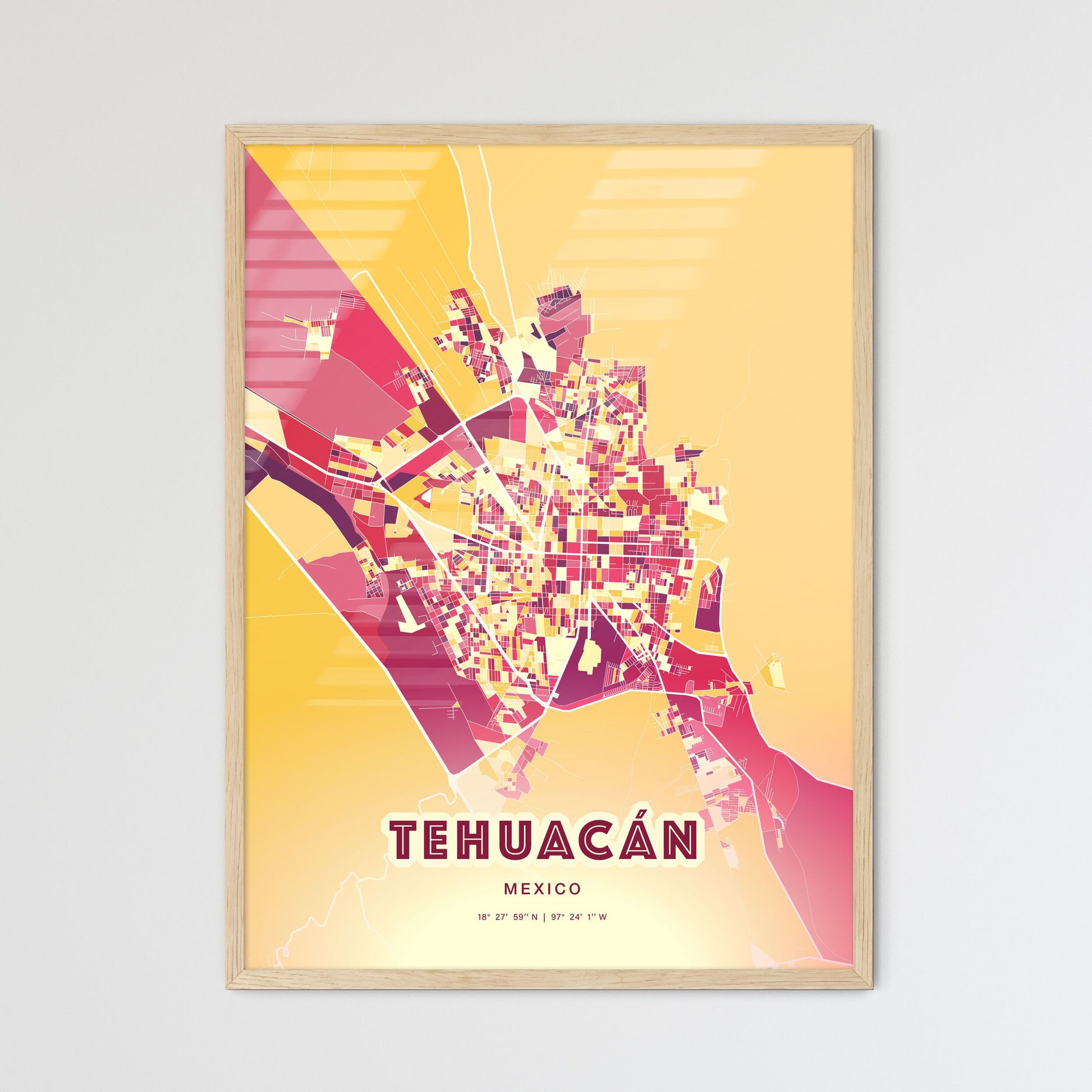 Colorful TEHUACÁN MEXICO Fine Art Map Hot Red