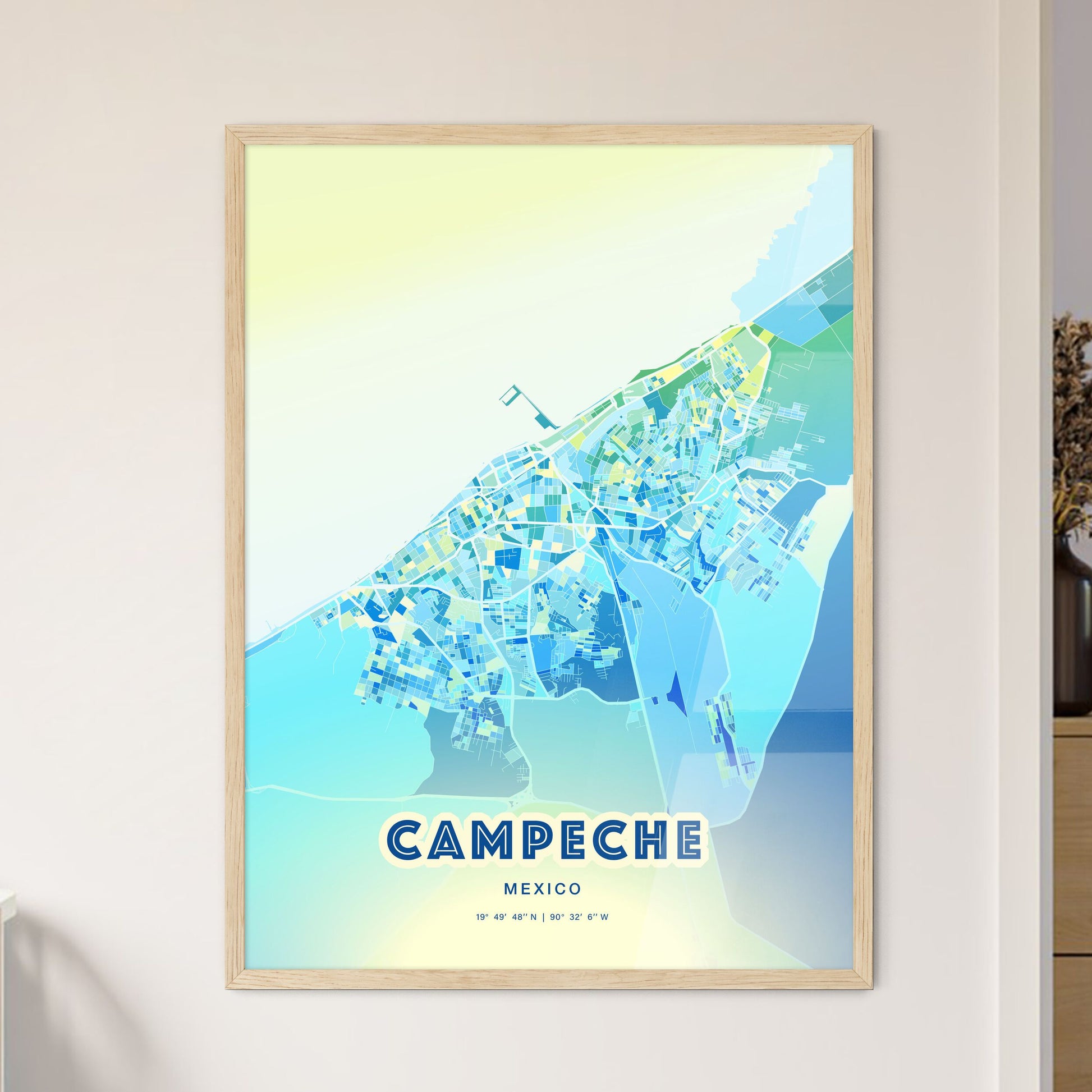 Colorful CAMPECHE MEXICO Fine Art Map Cool Blue