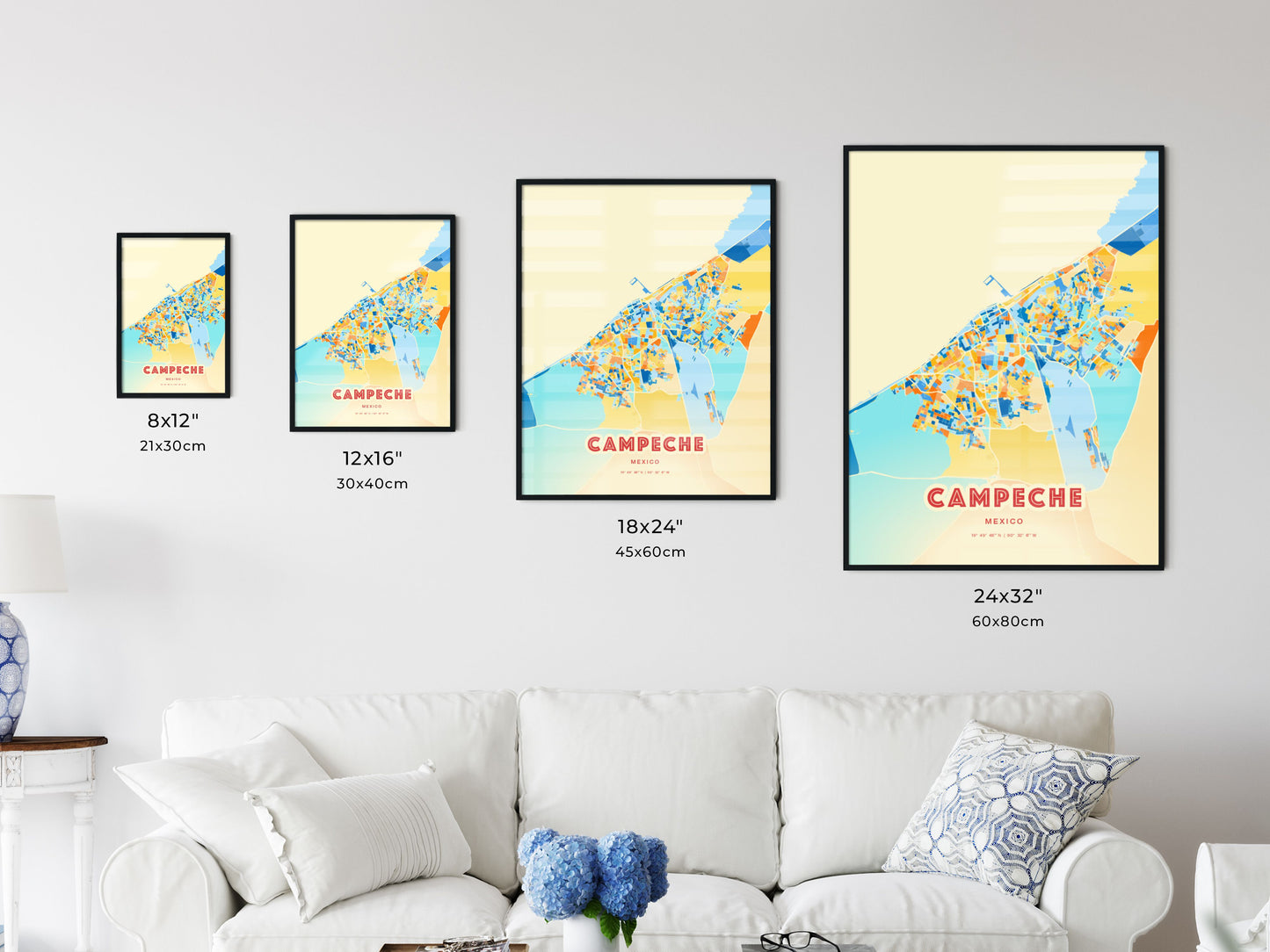 Colorful CAMPECHE MEXICO Fine Art Map Blue Orange