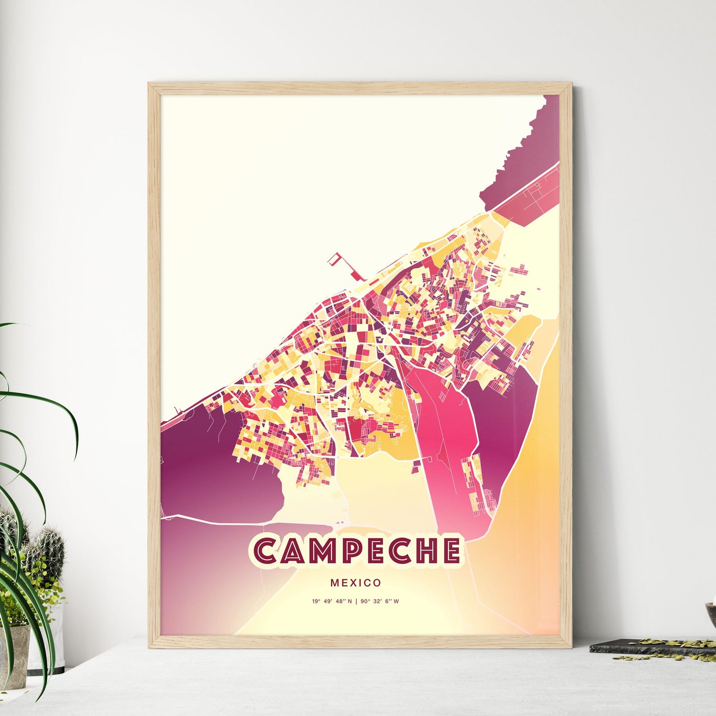 Colorful CAMPECHE MEXICO Fine Art Map Hot Red