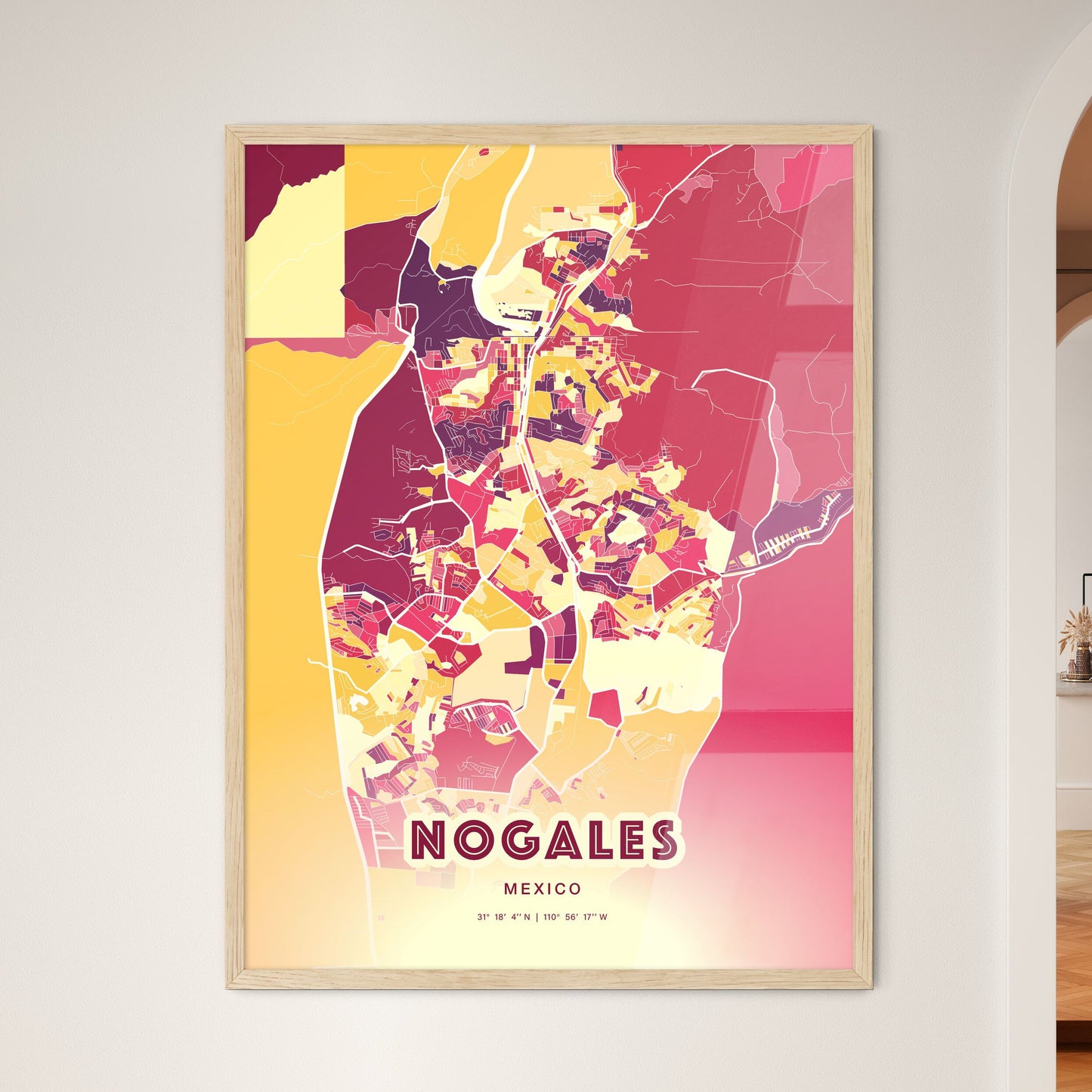 Colorful NOGALES MEXICO Fine Art Map Hot Red