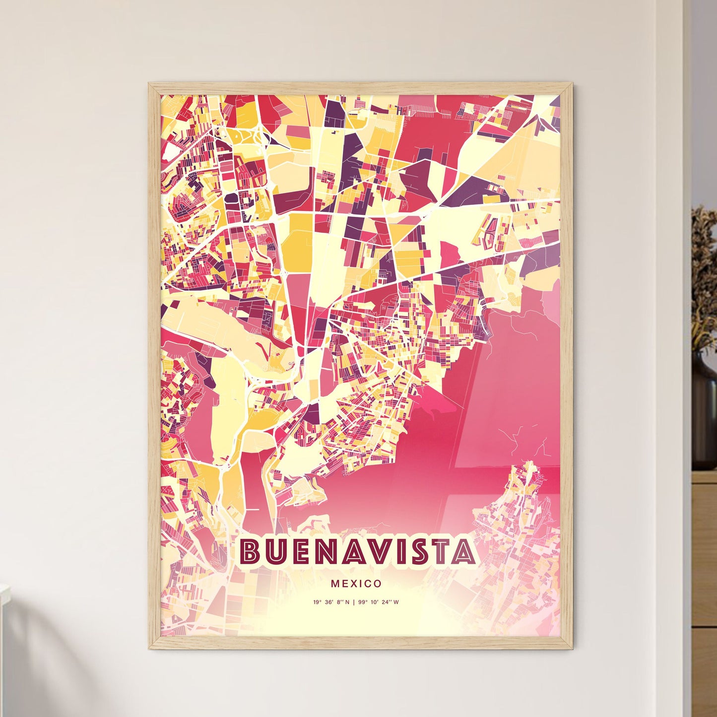 Colorful BUENAVISTA MEXICO Fine Art Map Hot Red