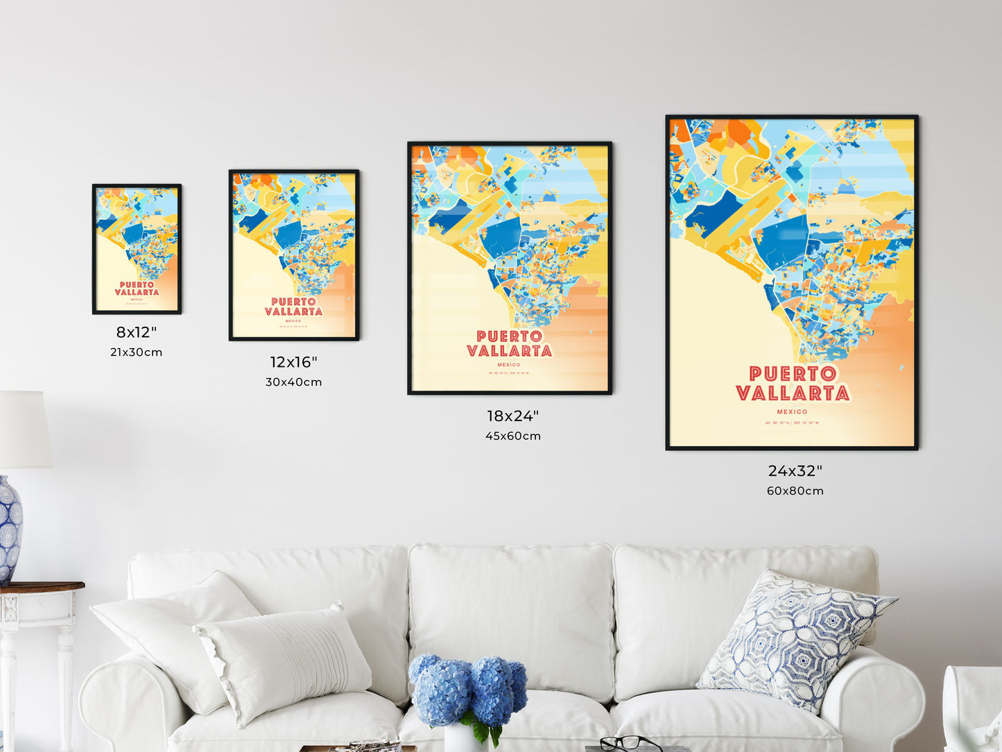 Colorful PUERTO VALLARTA MEXICO Fine Art Map Blue Orange