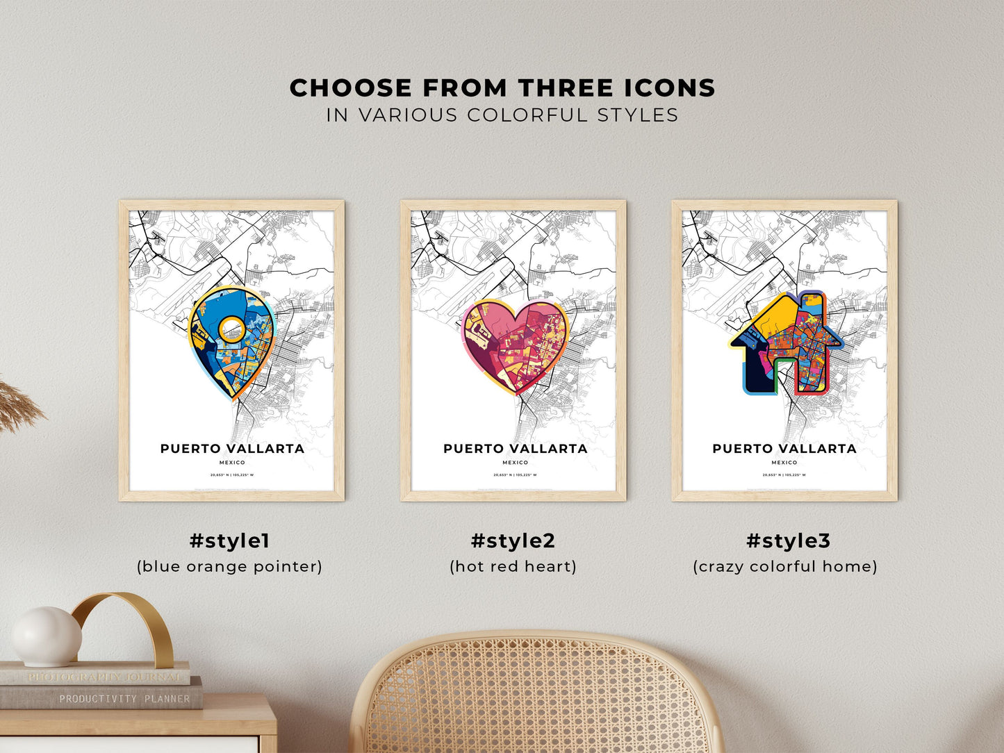 Puerto Vallarta Mexico maps with colorful icons