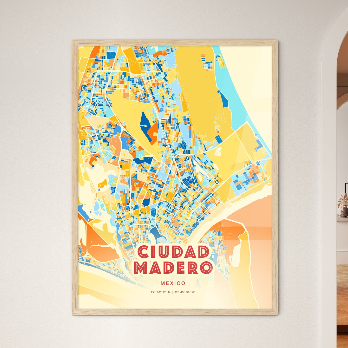 Colorful CIUDAD MADERO MEXICO Fine Art Map Blue Orange