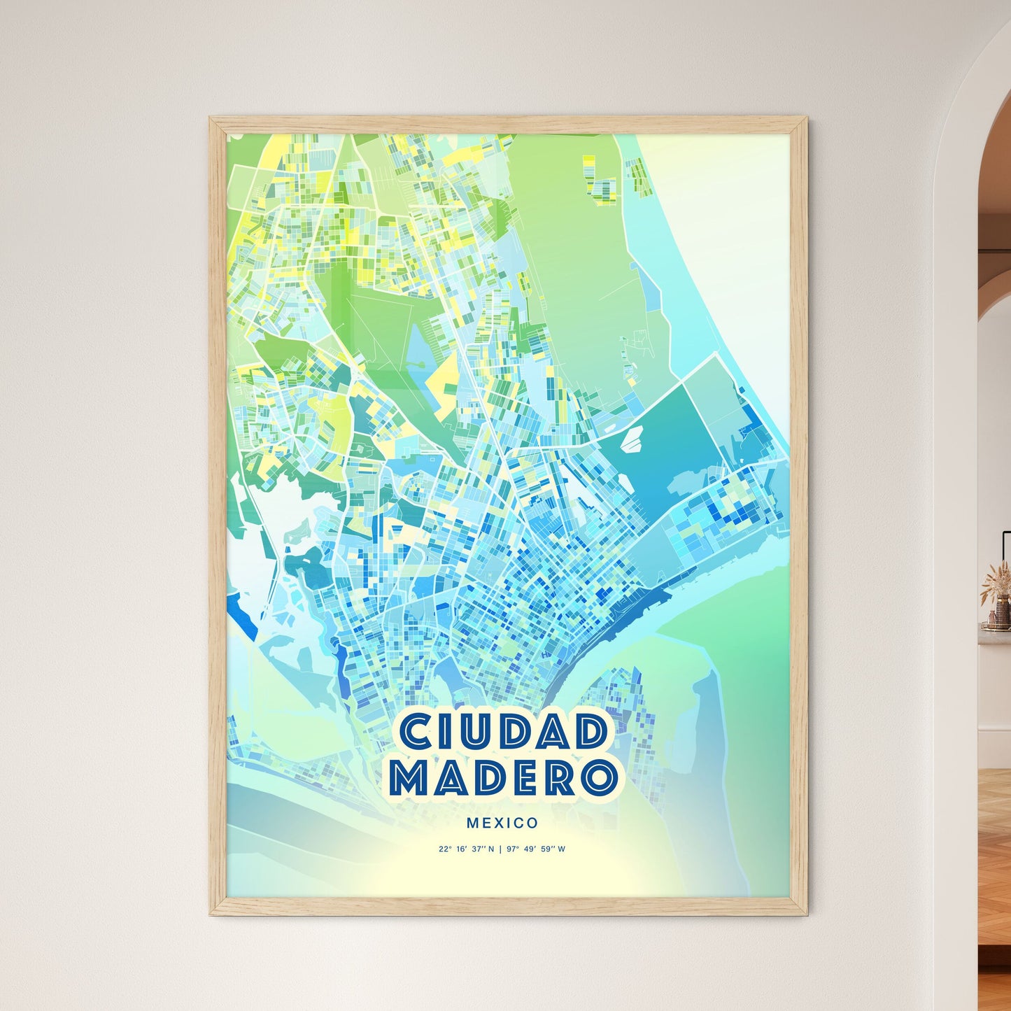 Colorful CIUDAD MADERO MEXICO Fine Art Map Cool Blue