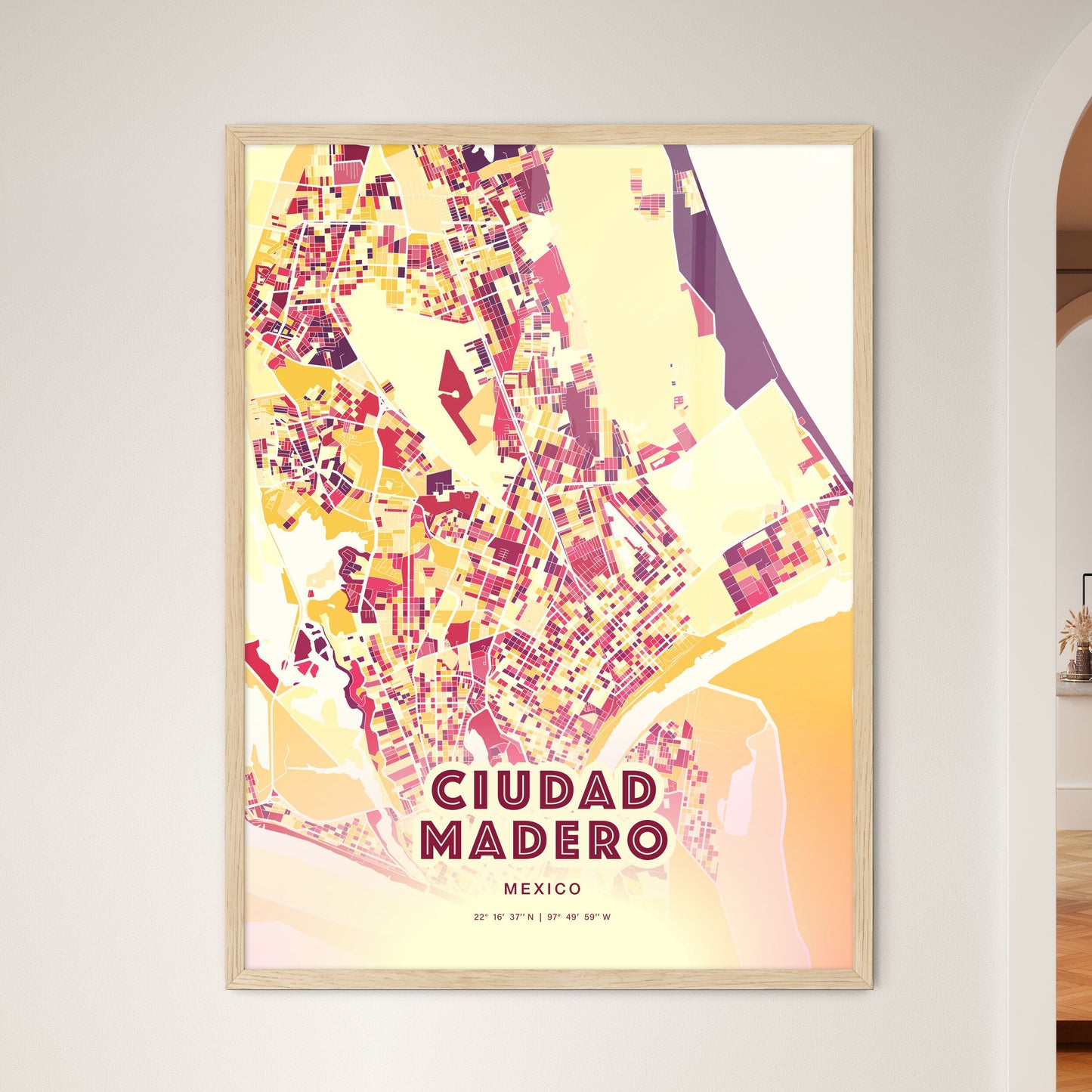 Colorful CIUDAD MADERO MEXICO Fine Art Map Hot Red