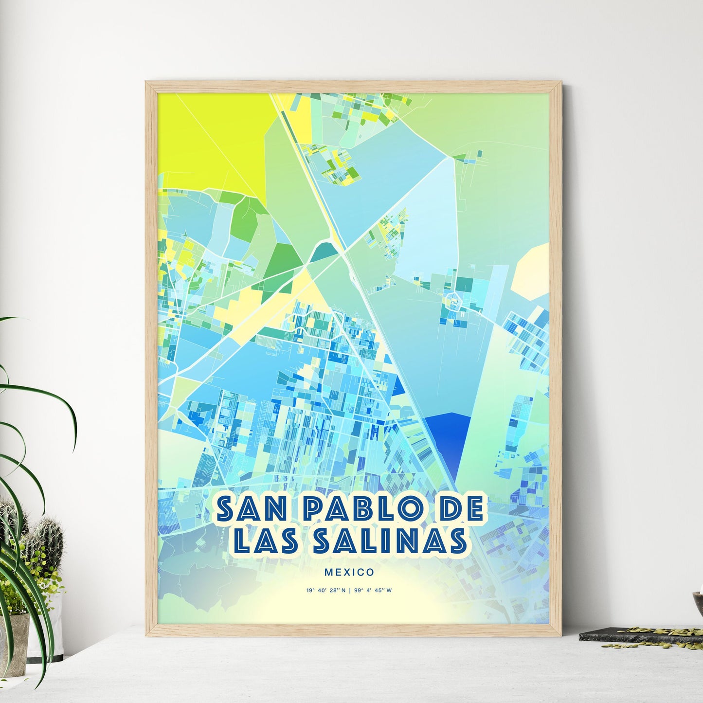 Colorful SAN PABLO DE LAS SALINAS MEXICO Fine Art Map Cool Blue