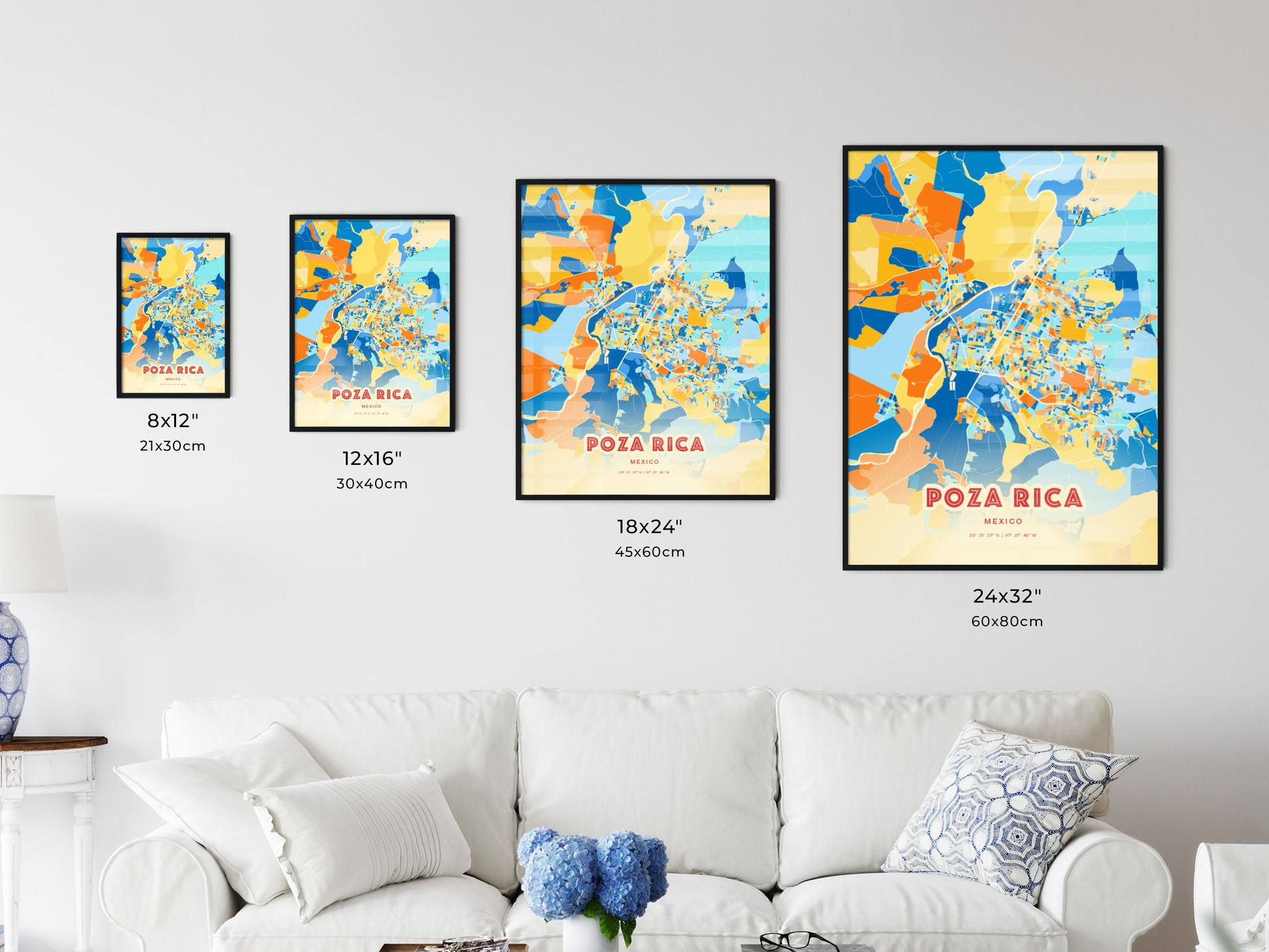 Colorful POZA RICA MEXICO Fine Art Map Blue Orange