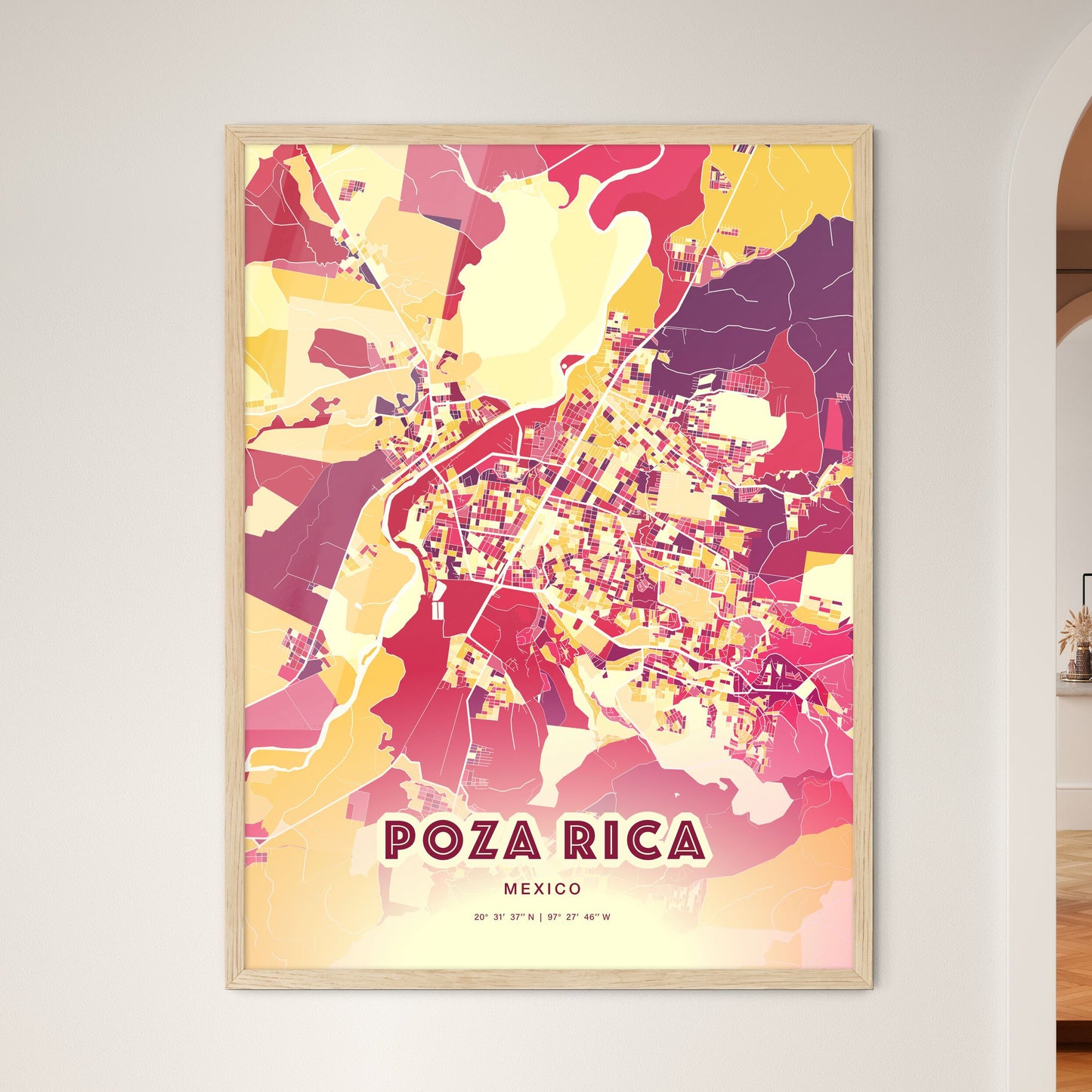 Colorful POZA RICA MEXICO Fine Art Map Hot Red