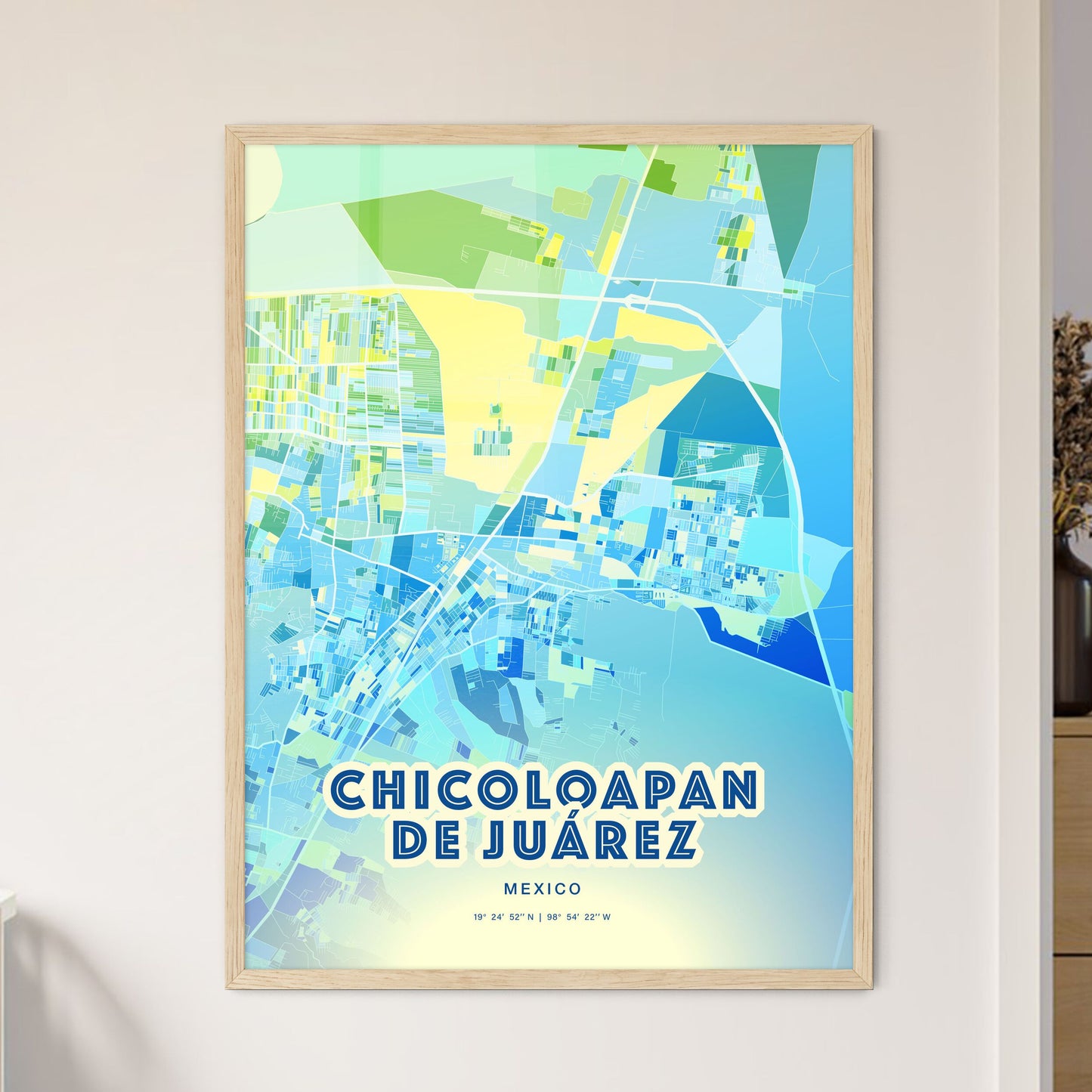 Colorful CHICOLOAPAN DE JUÁREZ MEXICO Fine Art Map Cool Blue