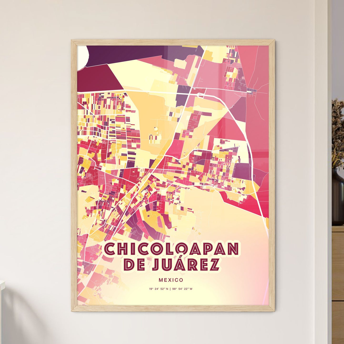 Colorful CHICOLOAPAN DE JUÁREZ MEXICO Fine Art Map Hot Red