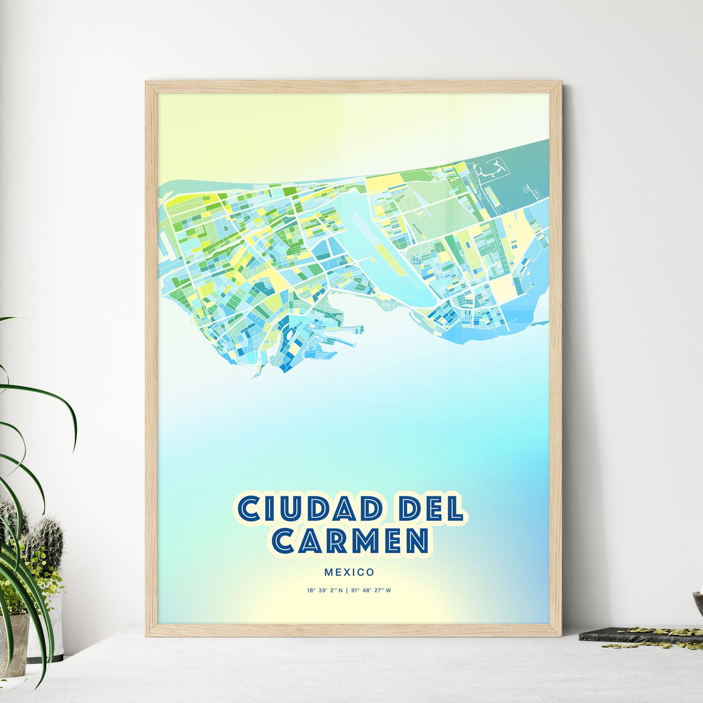 Colorful CIUDAD DEL CARMEN MEXICO Fine Art Map Cool Blue