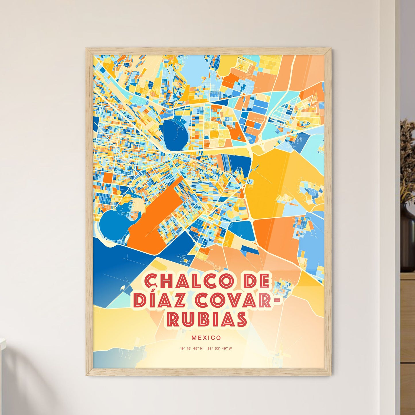 Colorful CHALCO DE DÍAZ COVARRUBIAS MEXICO Fine Art Map Blue Orange