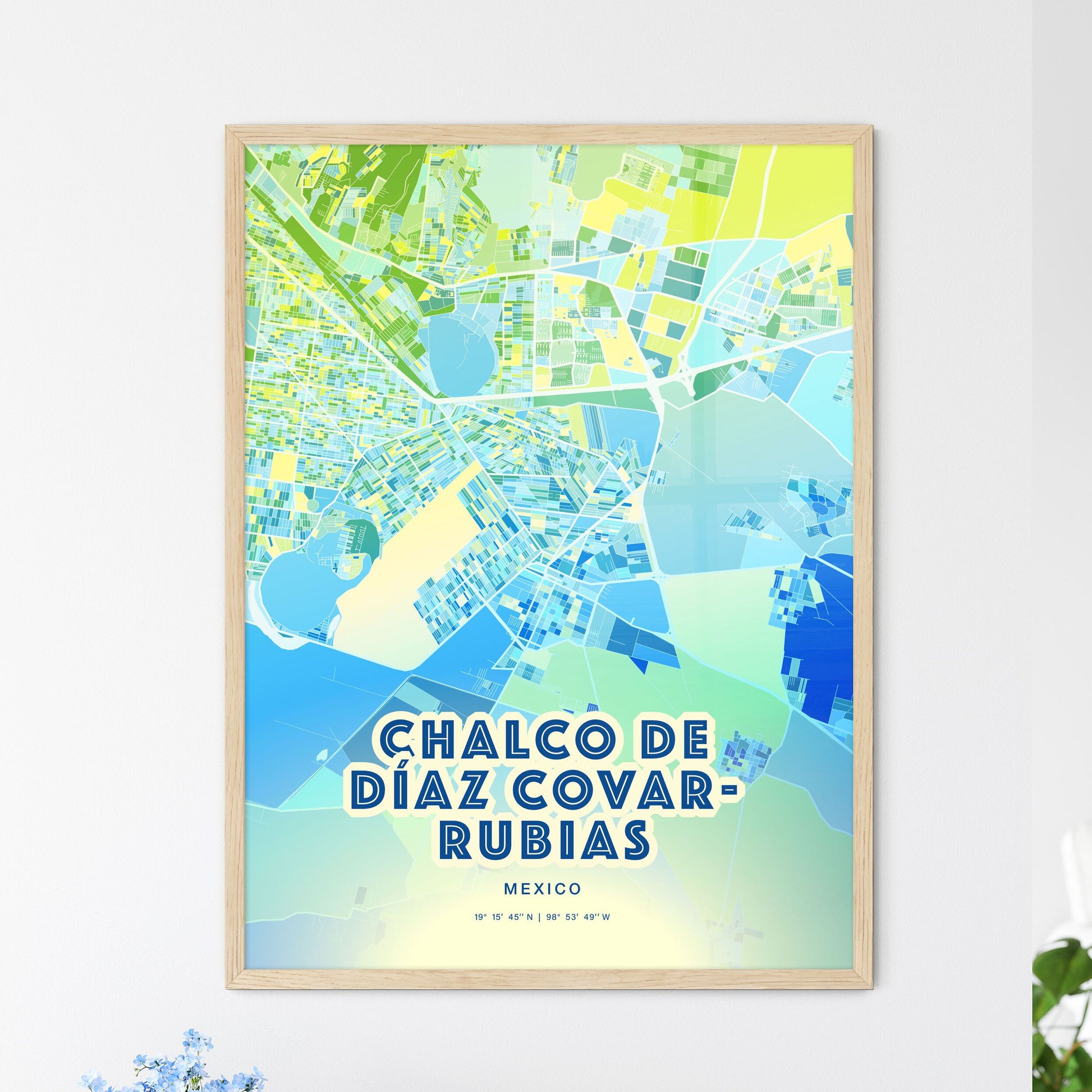 Colorful CHALCO DE DÍAZ COVARRUBIAS MEXICO Fine Art Map Cool Blue