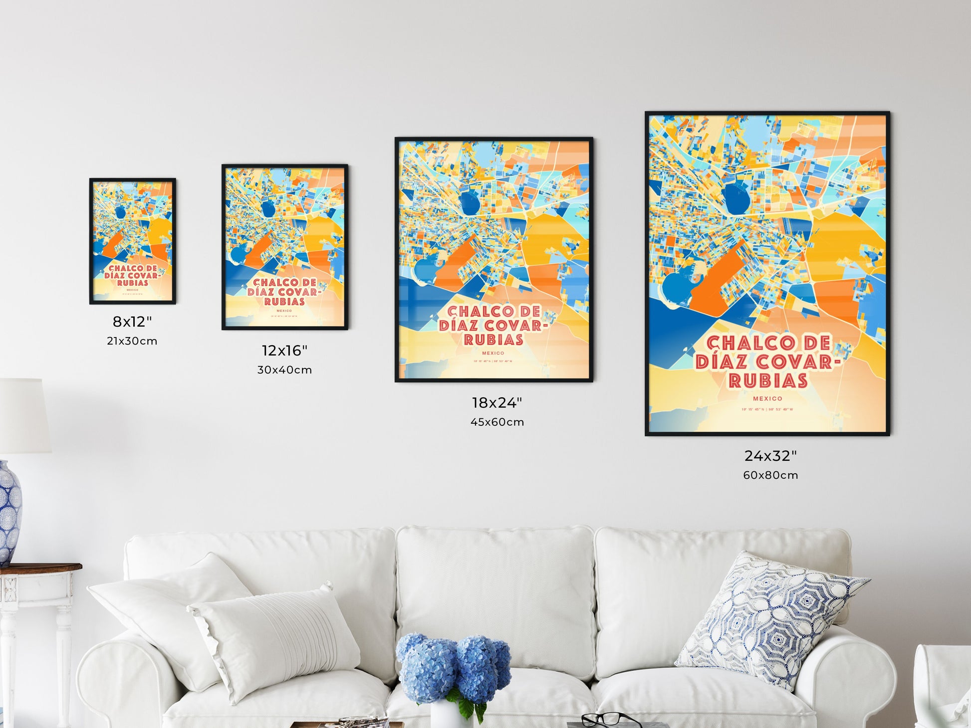 Colorful CHALCO DE DÍAZ COVARRUBIAS MEXICO Fine Art Map Blue Orange