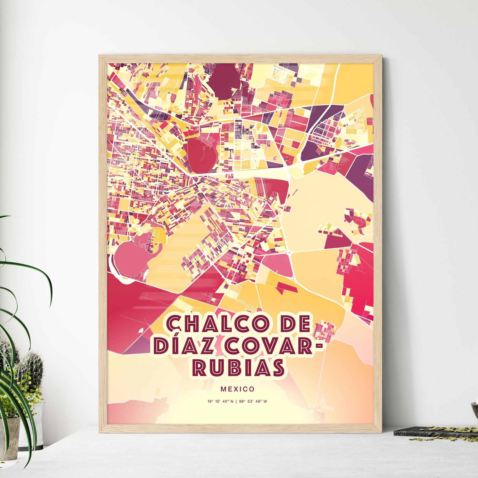 Colorful CHALCO DE DÍAZ COVARRUBIAS MEXICO Fine Art Map Hot Red