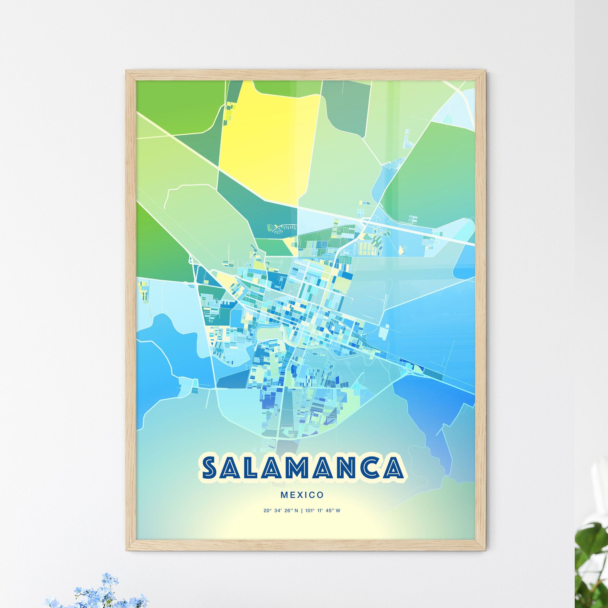Colorful SALAMANCA MEXICO Fine Art Map Cool Blue