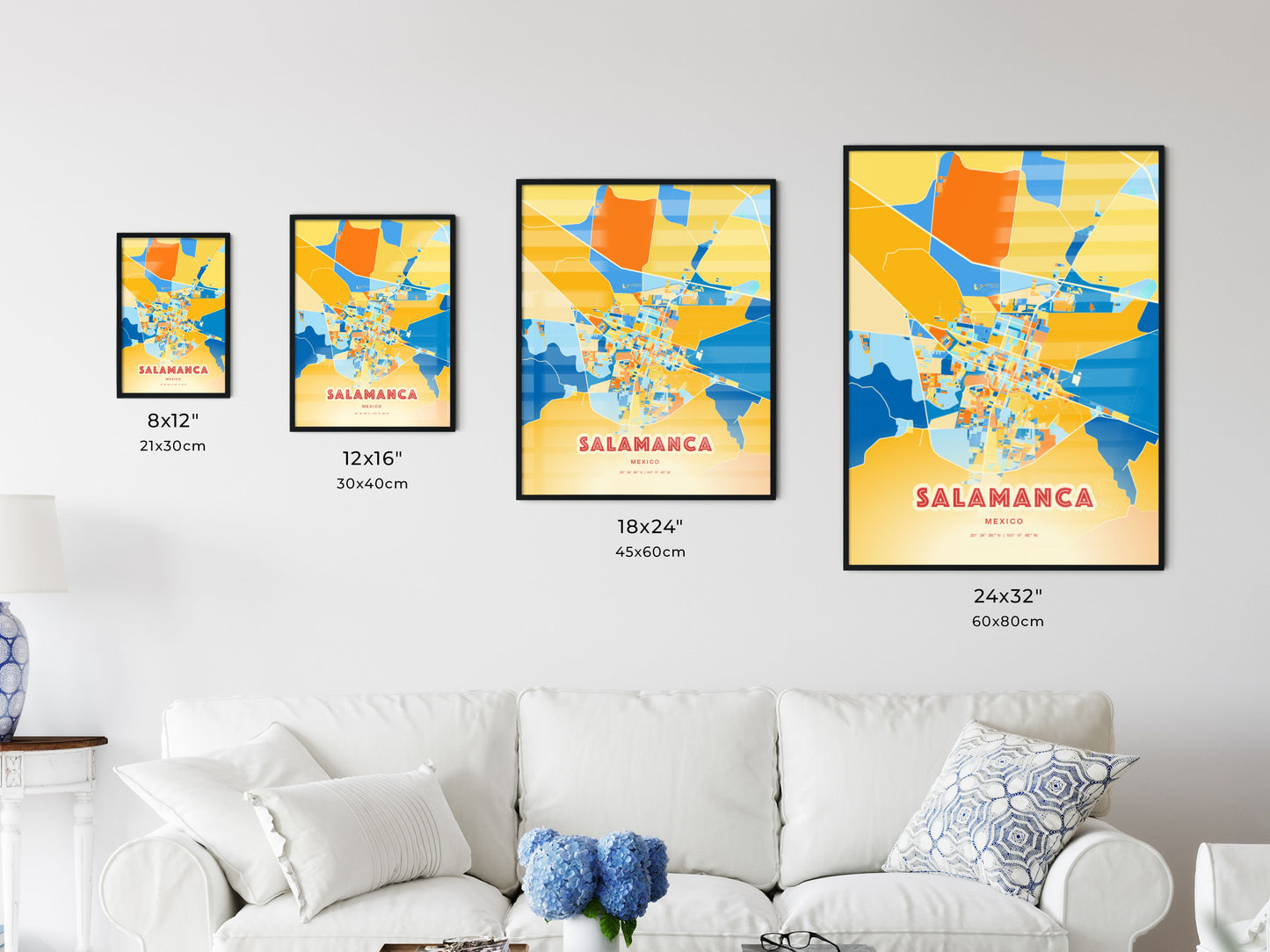 Colorful SALAMANCA MEXICO Fine Art Map Blue Orange