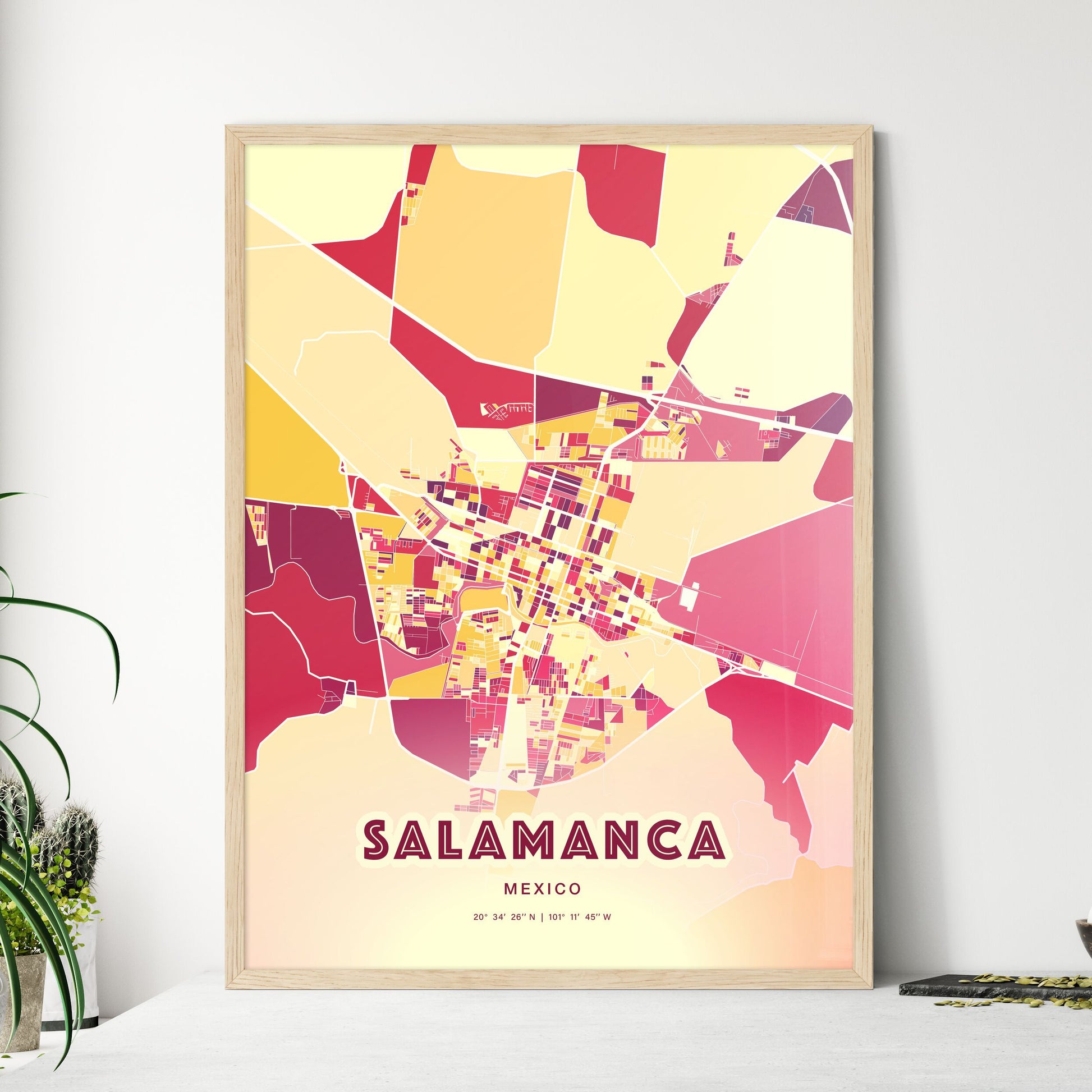 Colorful SALAMANCA MEXICO Fine Art Map Hot Red