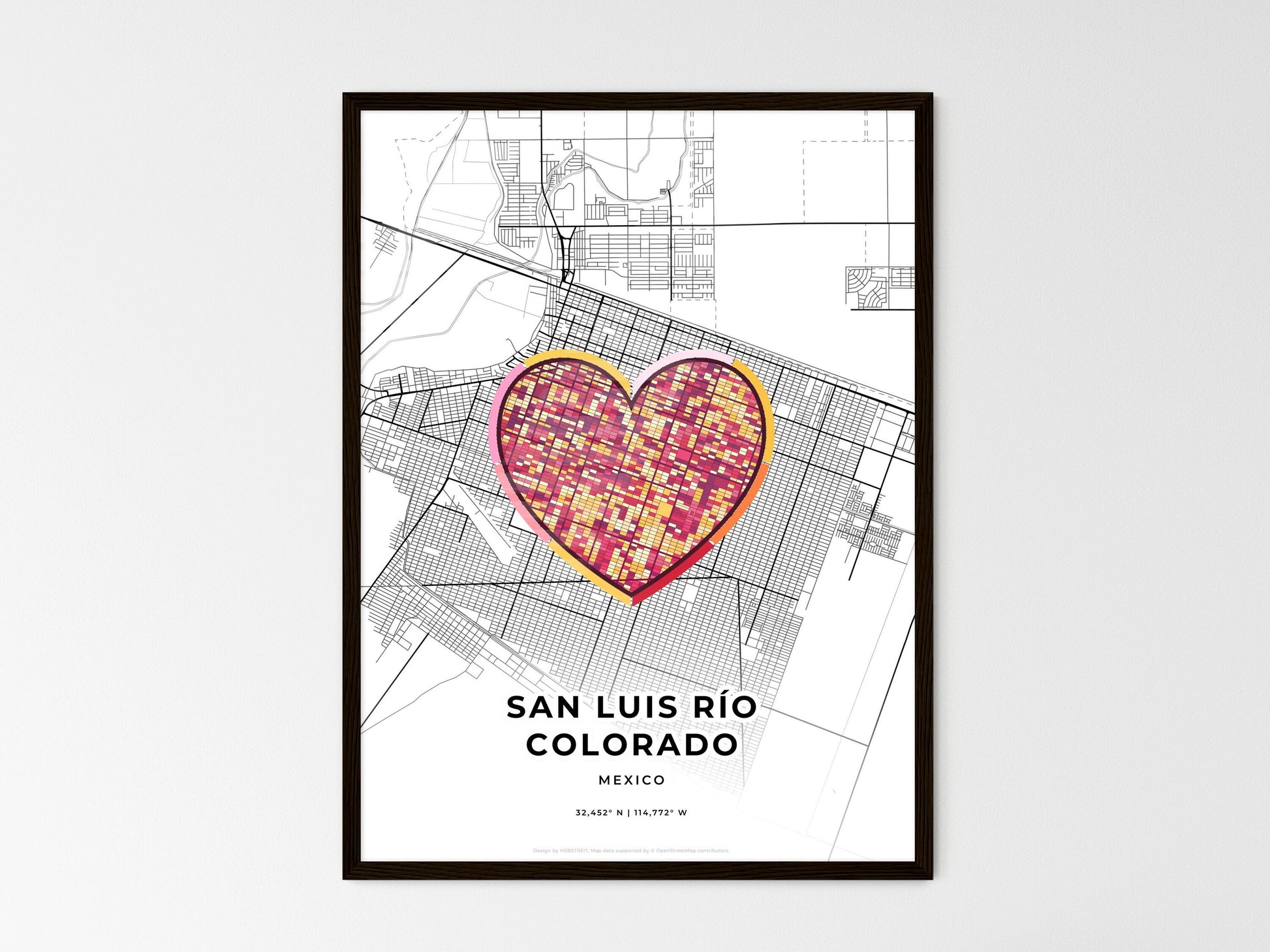 San Luis Río Colorado Mexico wedding art map with heart icon