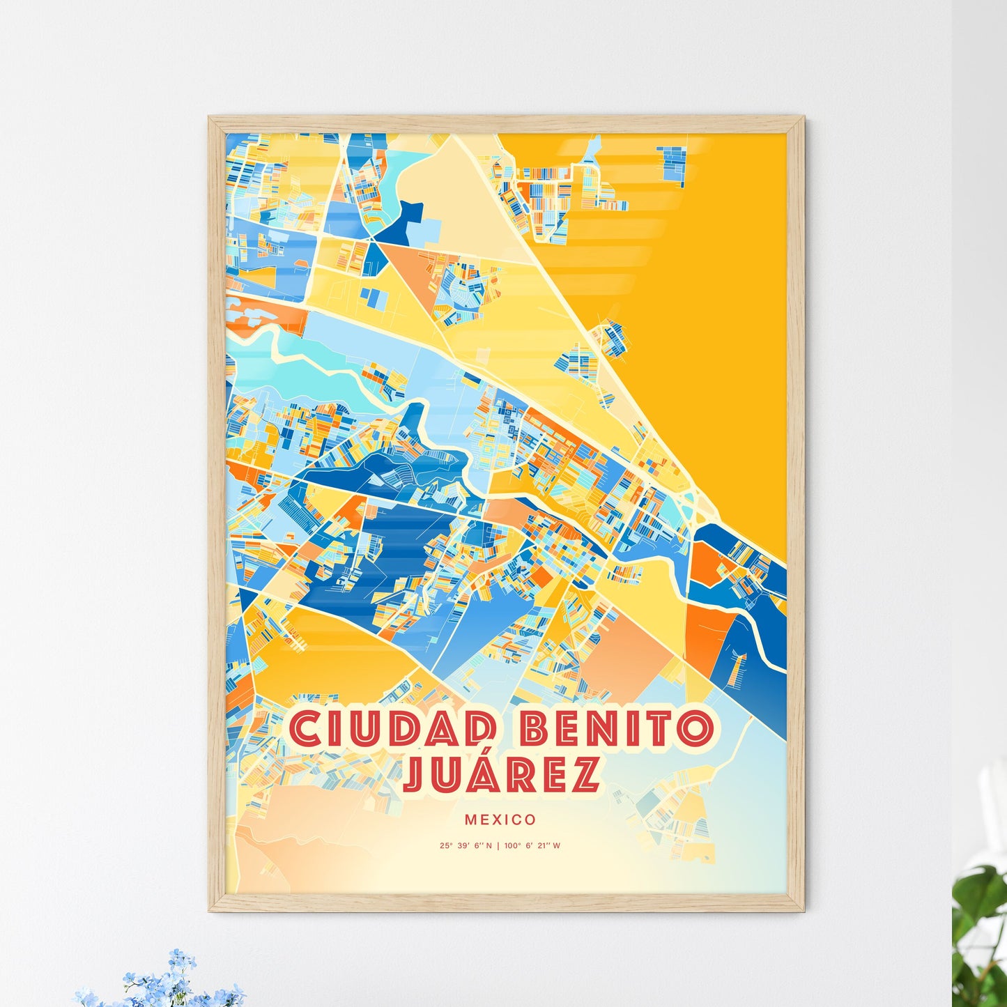 Colorful CIUDAD BENITO JUÁREZ MEXICO Fine Art Map Blue Orange