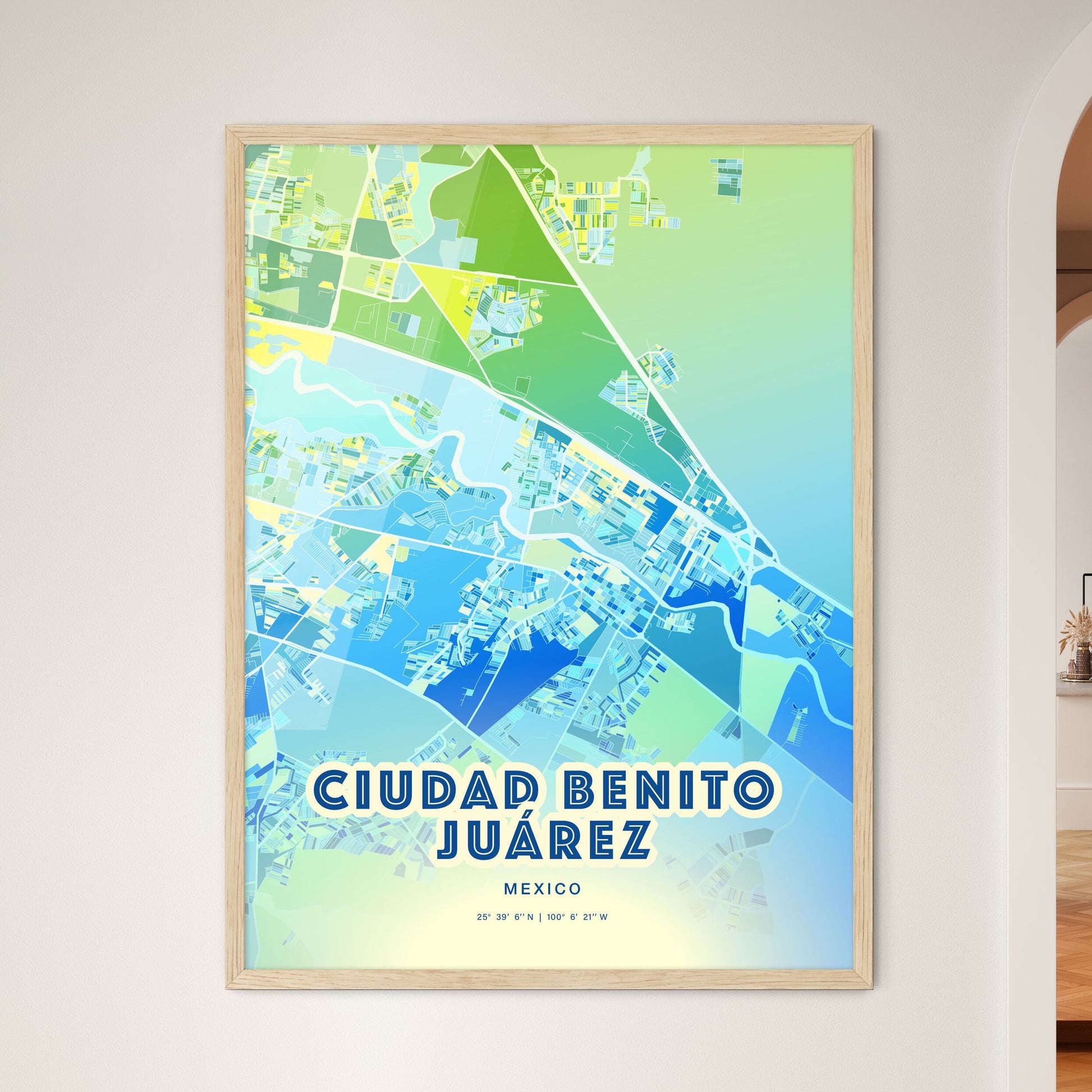 Colorful CIUDAD BENITO JUÁREZ MEXICO Fine Art Map Cool Blue