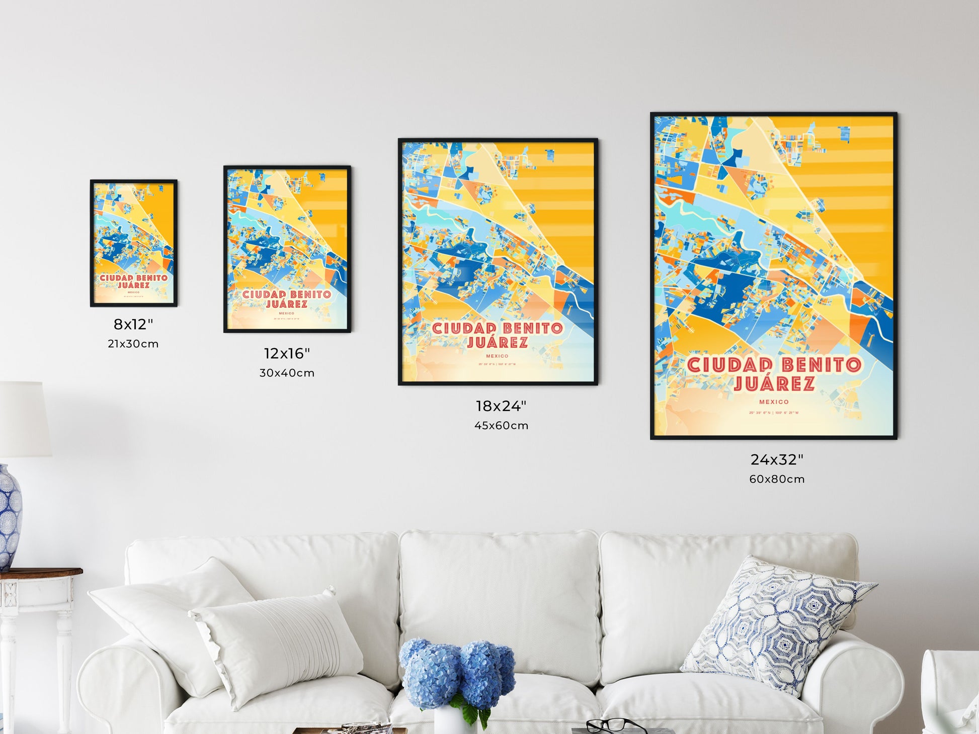 Colorful CIUDAD BENITO JUÁREZ MEXICO Fine Art Map Blue Orange