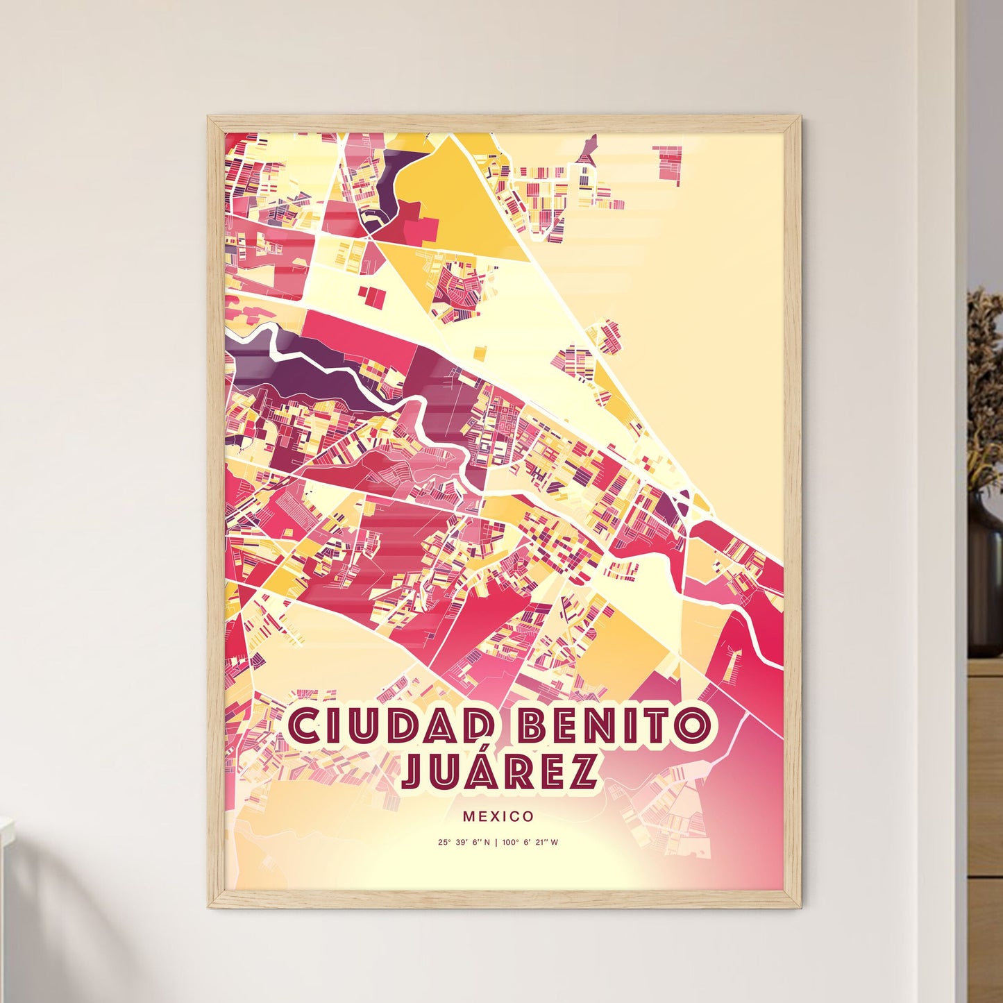 Colorful CIUDAD BENITO JUÁREZ MEXICO Fine Art Map Hot Red