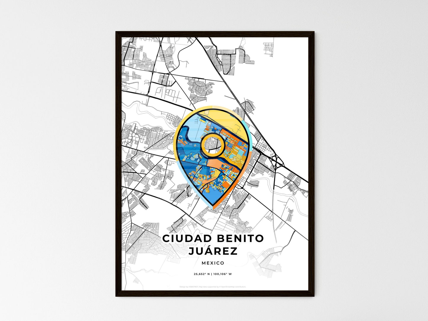 Ciudad Benito Juárez Mexico wedding art map with pointer icon