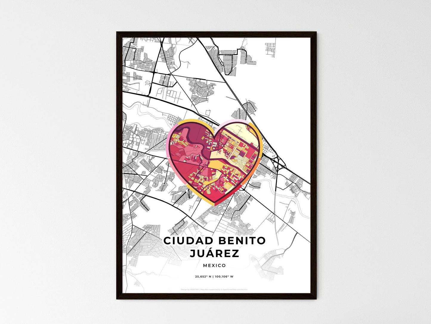 Ciudad Benito Juárez Mexico wedding art map with heart icon