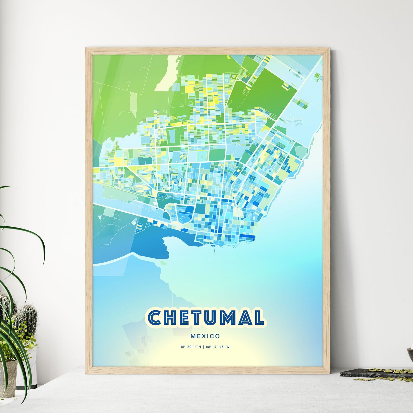 Colorful CHETUMAL MEXICO Fine Art Map Cool Blue