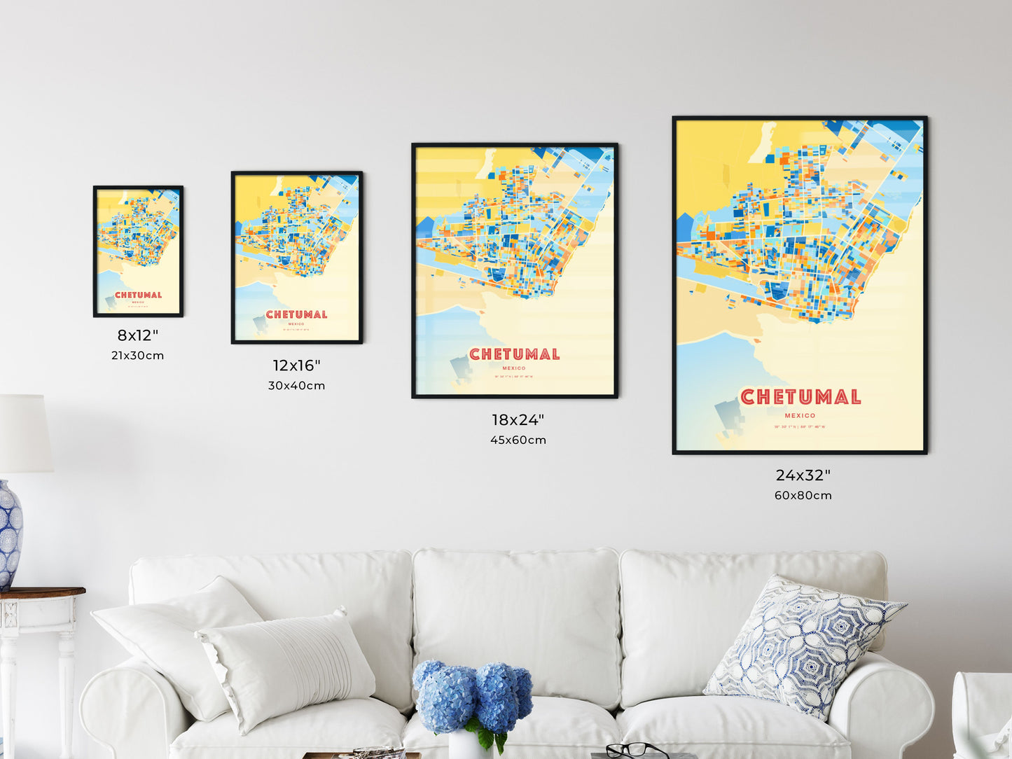 Colorful CHETUMAL MEXICO Fine Art Map Blue Orange