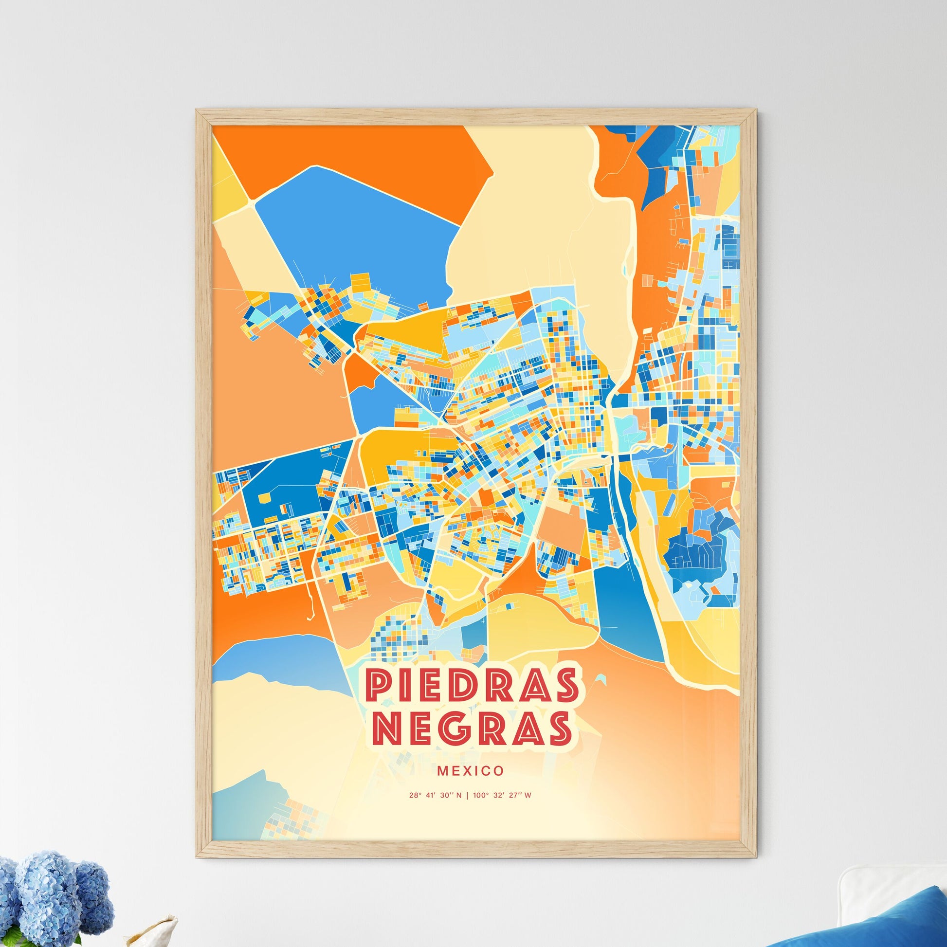 Colorful PIEDRAS NEGRAS MEXICO Fine Art Map Blue Orange