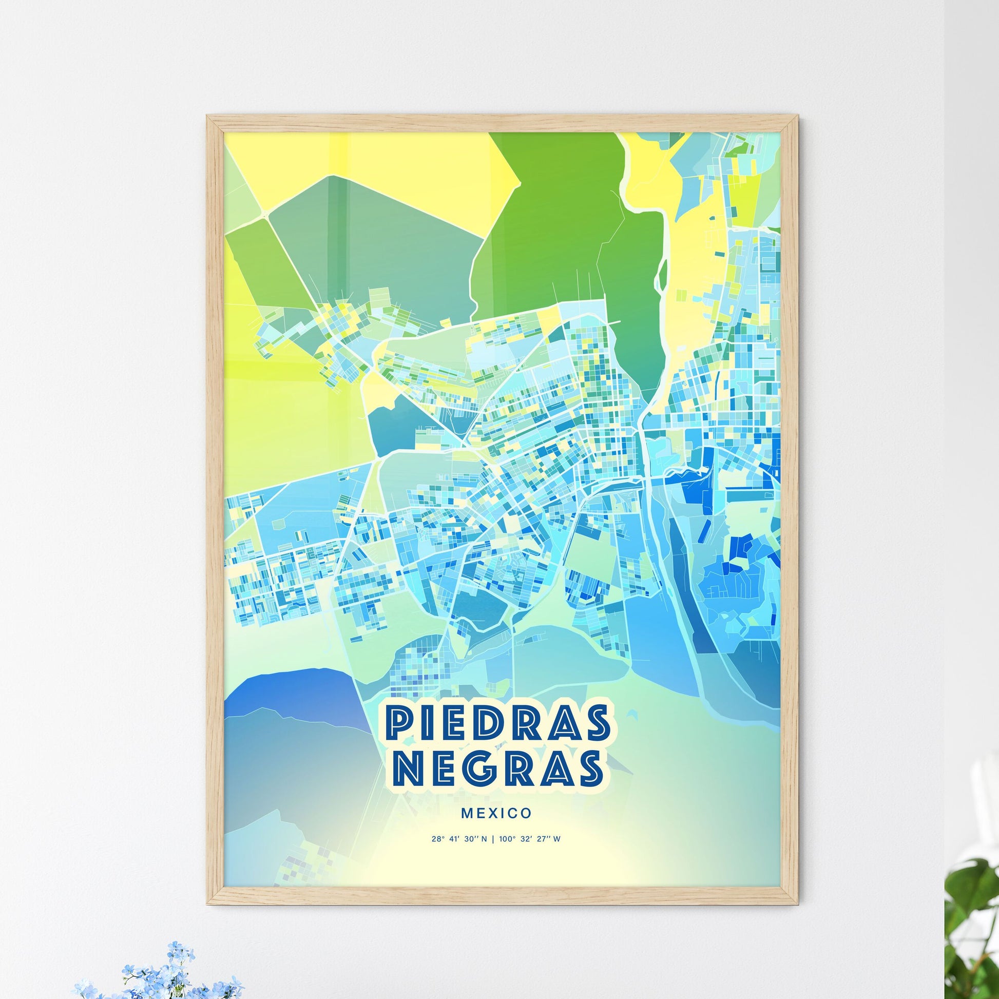 Colorful PIEDRAS NEGRAS MEXICO Fine Art Map Cool Blue