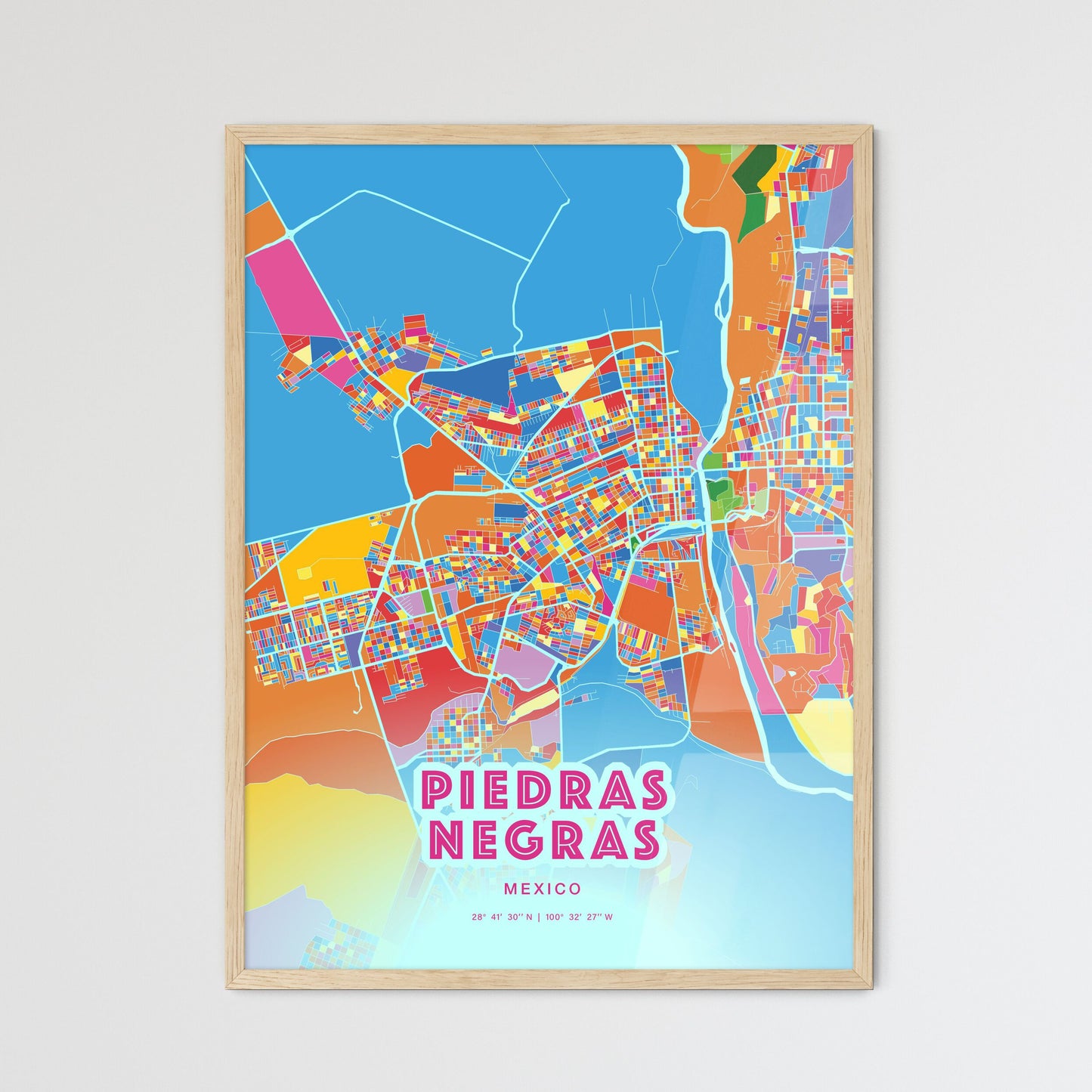 Colorful PIEDRAS NEGRAS MEXICO Fine Art Map Crazy Colors