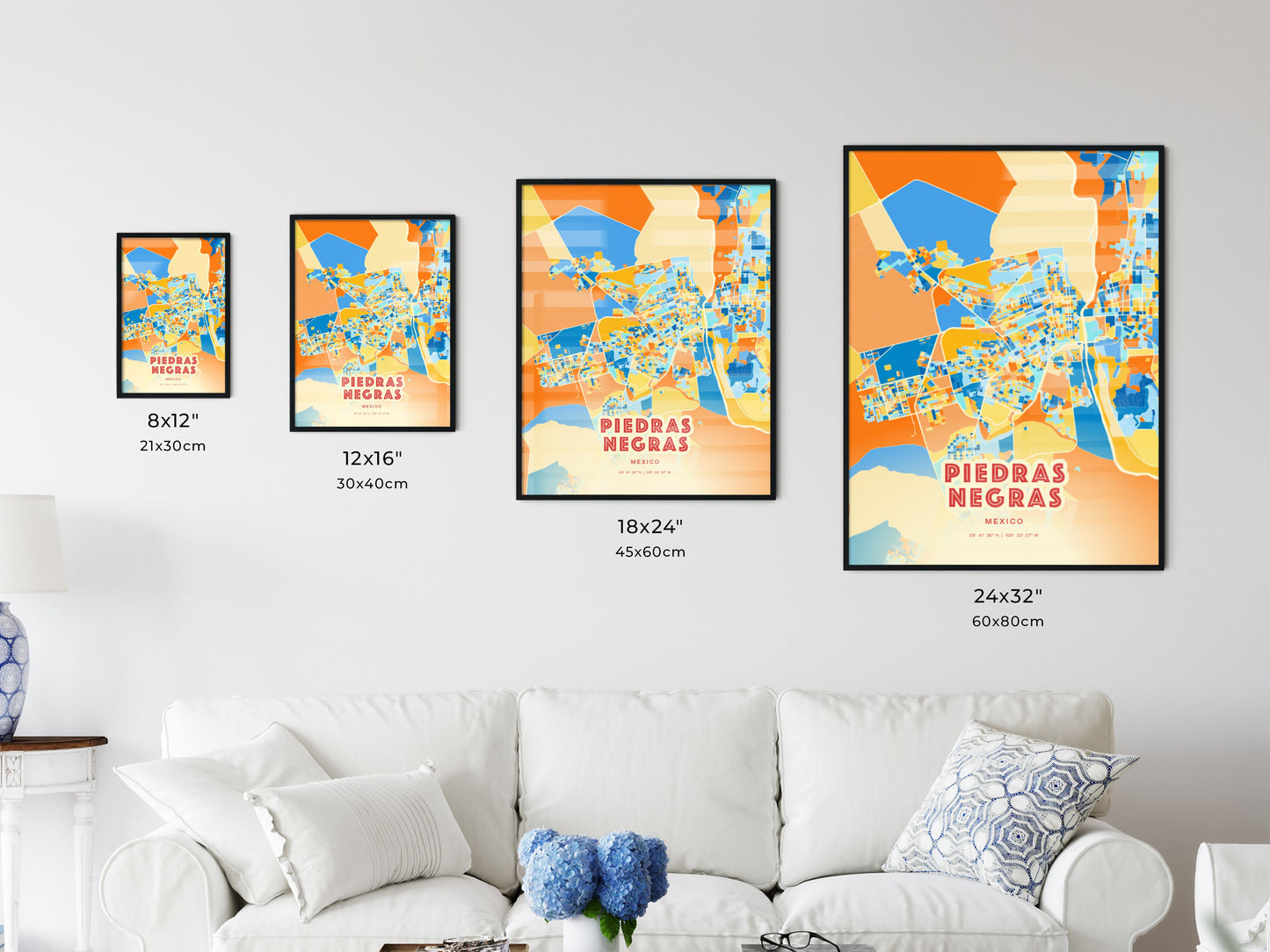 Colorful PIEDRAS NEGRAS MEXICO Fine Art Map Blue Orange