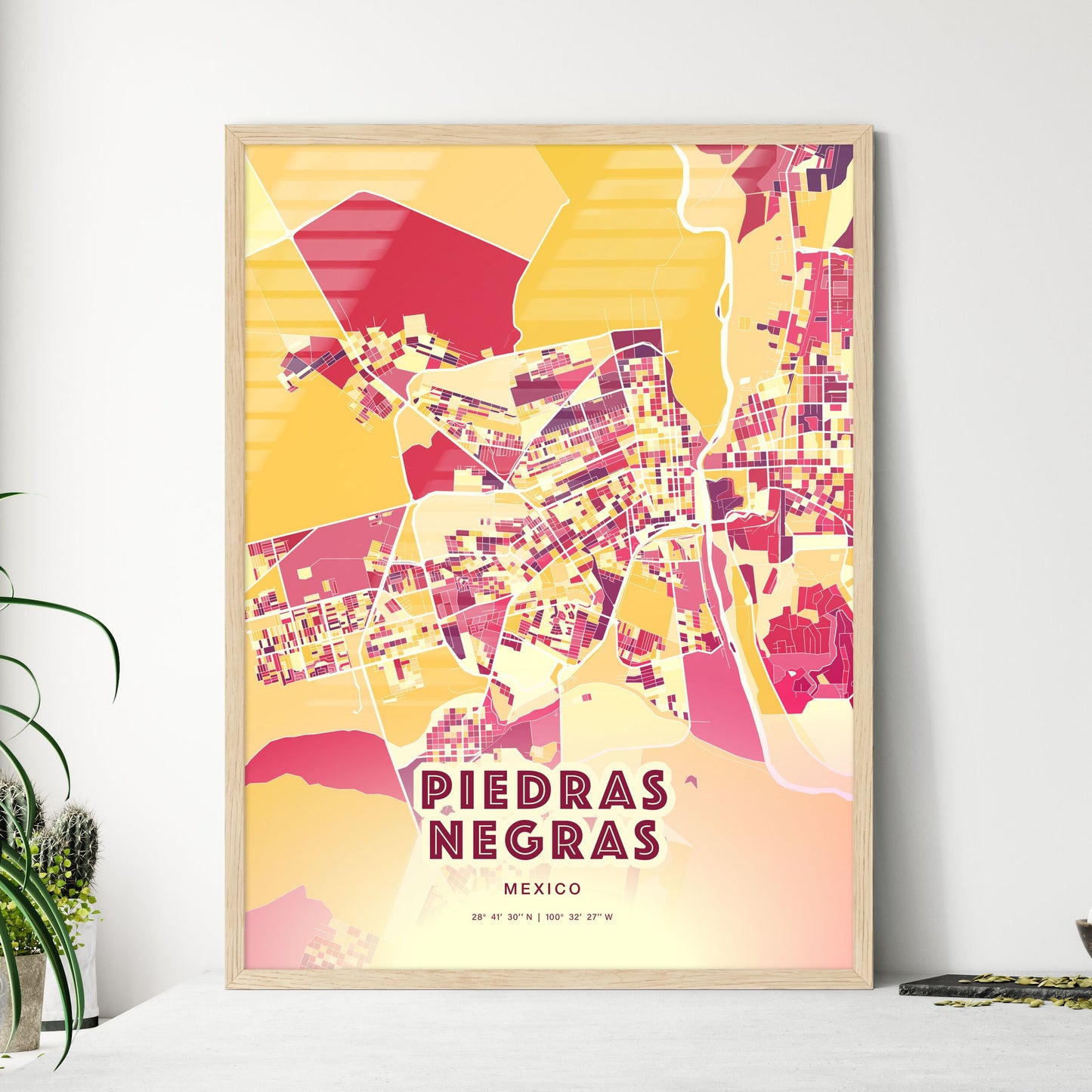 Colorful PIEDRAS NEGRAS MEXICO Fine Art Map Hot Red